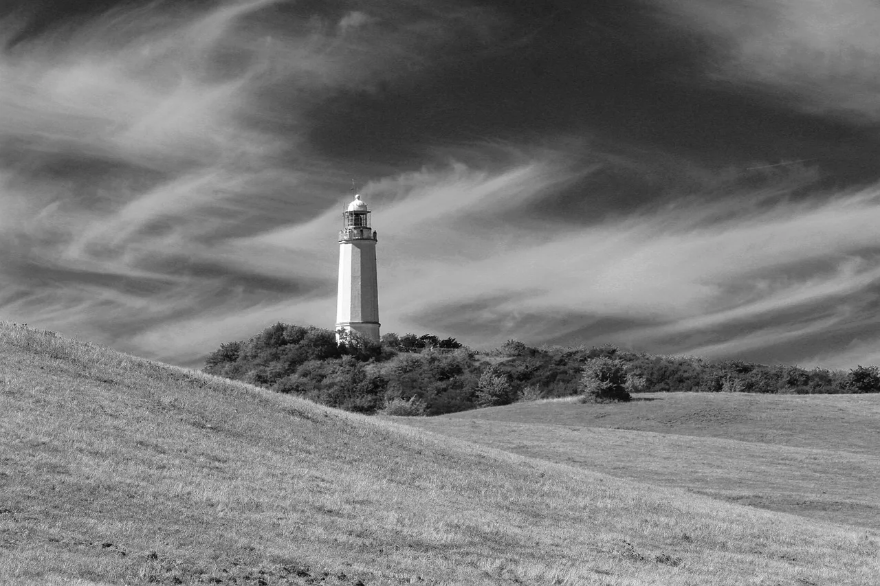 Deniz feneri manzaralı kıyı fotoğrafı - monokrom