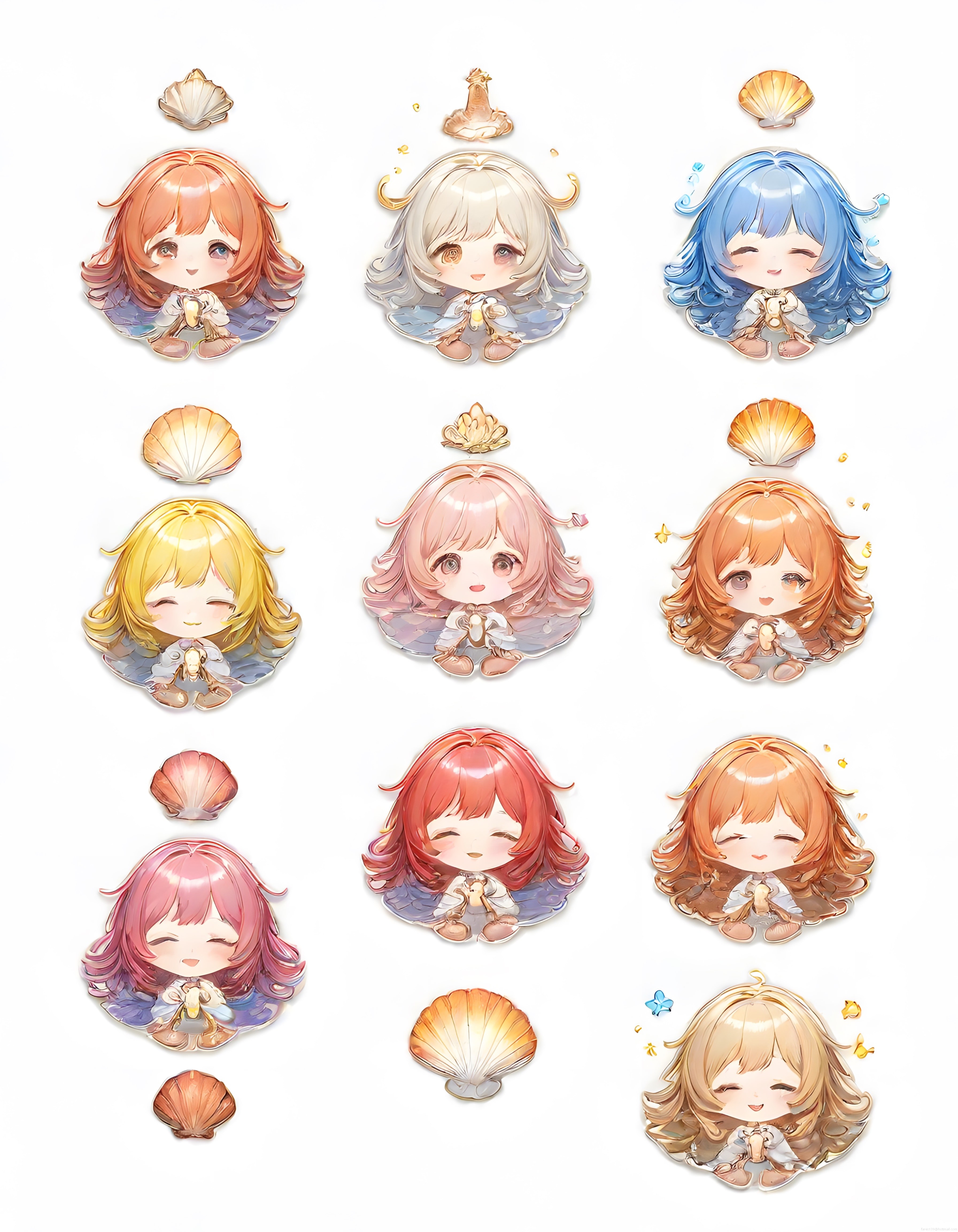 Deniz Kabuğu ve Su Temalı Sevimli Chibi Anime Kız Karakter Sticker Seti