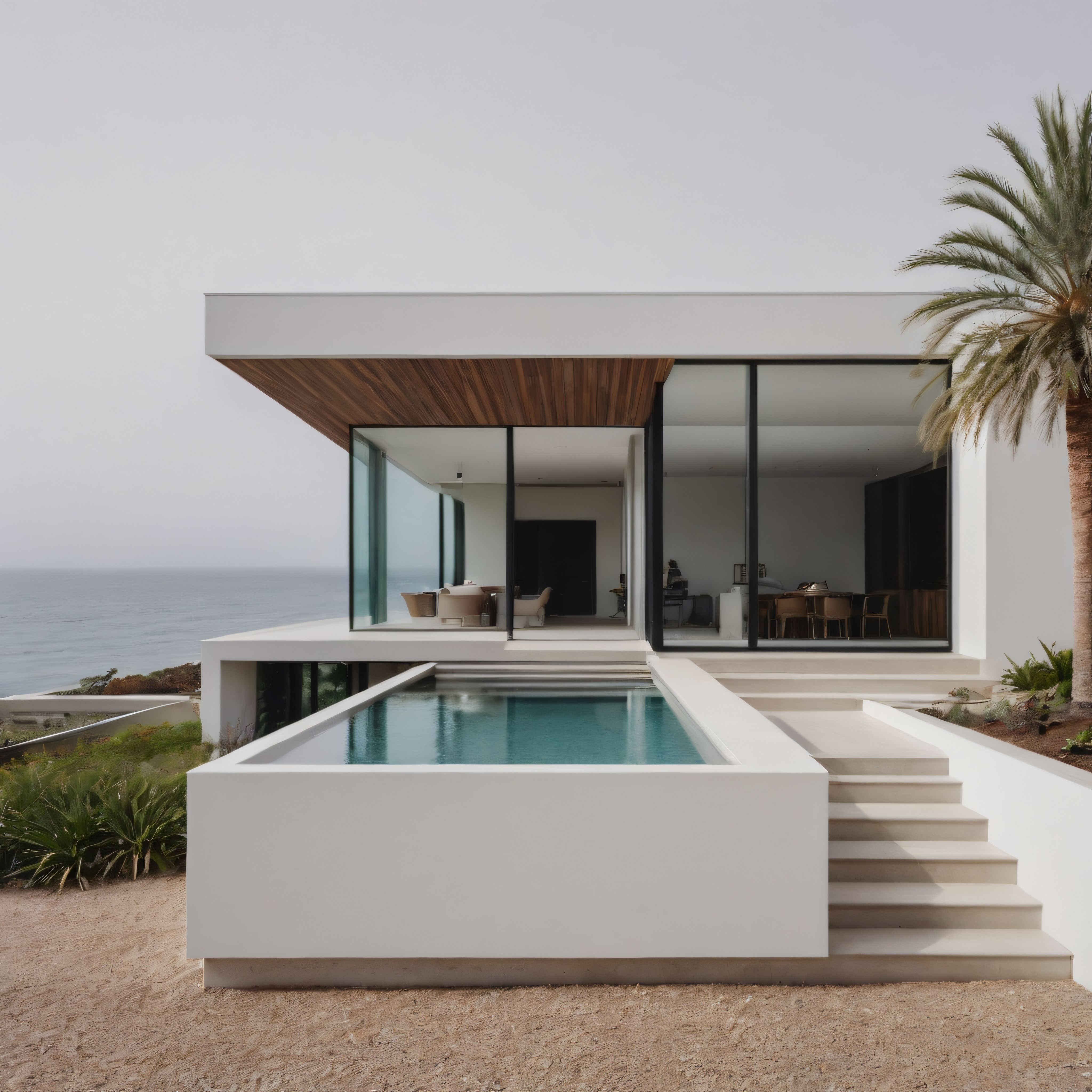 Deniz Kenarında Cam Cepheli Modern Villa ve Minimalist Havuz Tasarımı