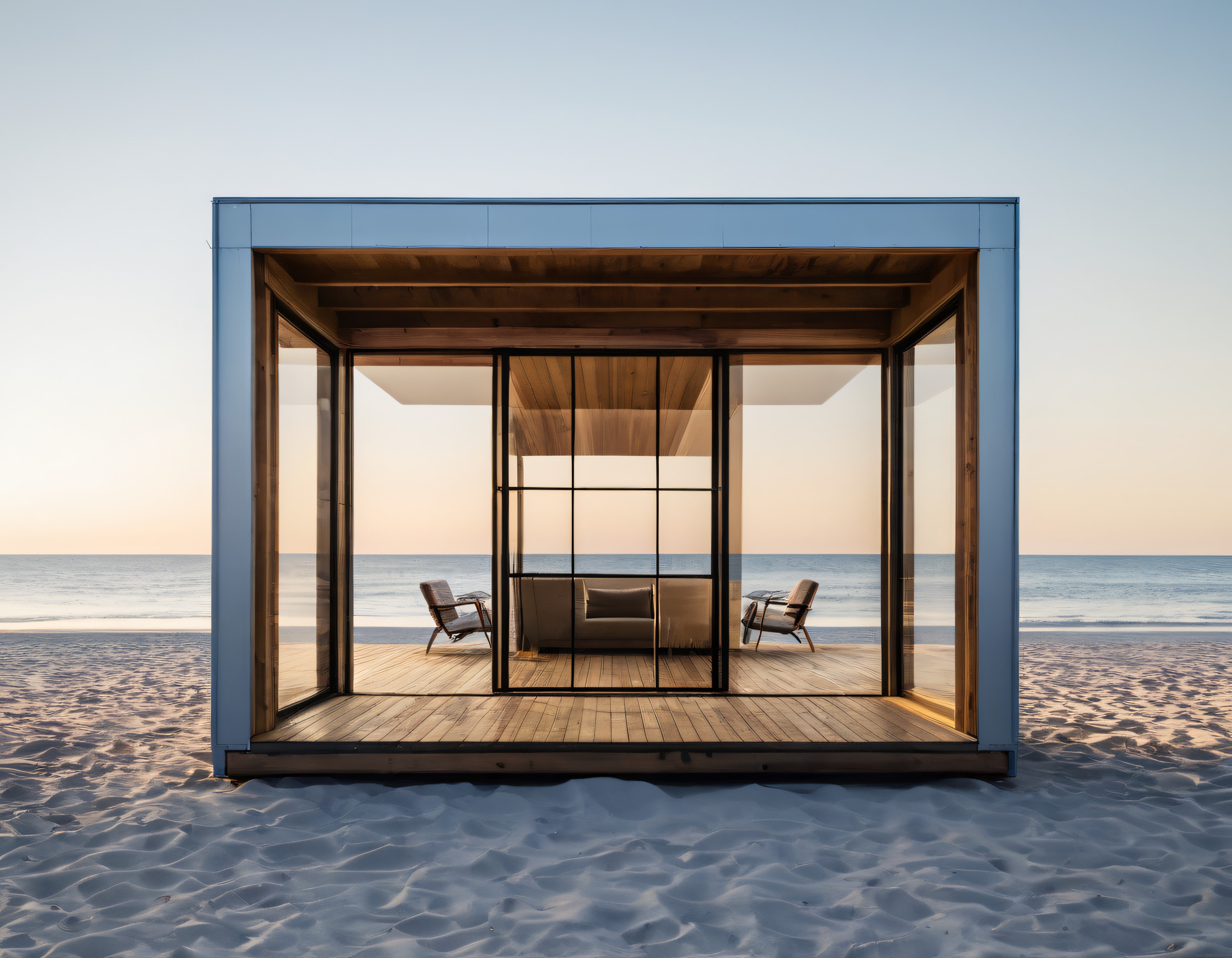 Deniz Kenarında Gün Batımı Manzaralı Modern Minimalist Cam Tatil Evi