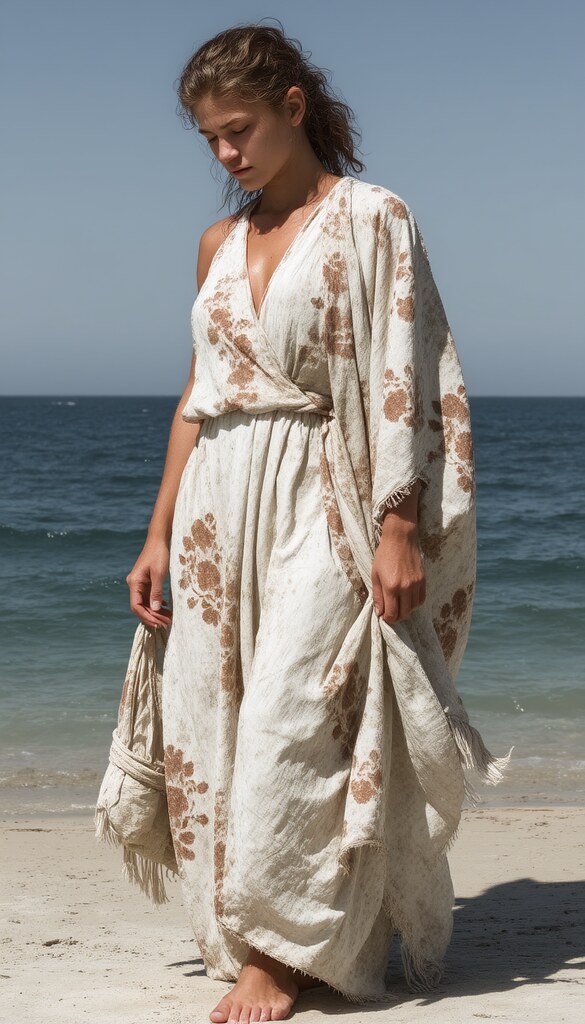 Deniz Kenarında Naturel Çiçek Desenli Bohem Plaj Elbisesi ve Kimono
