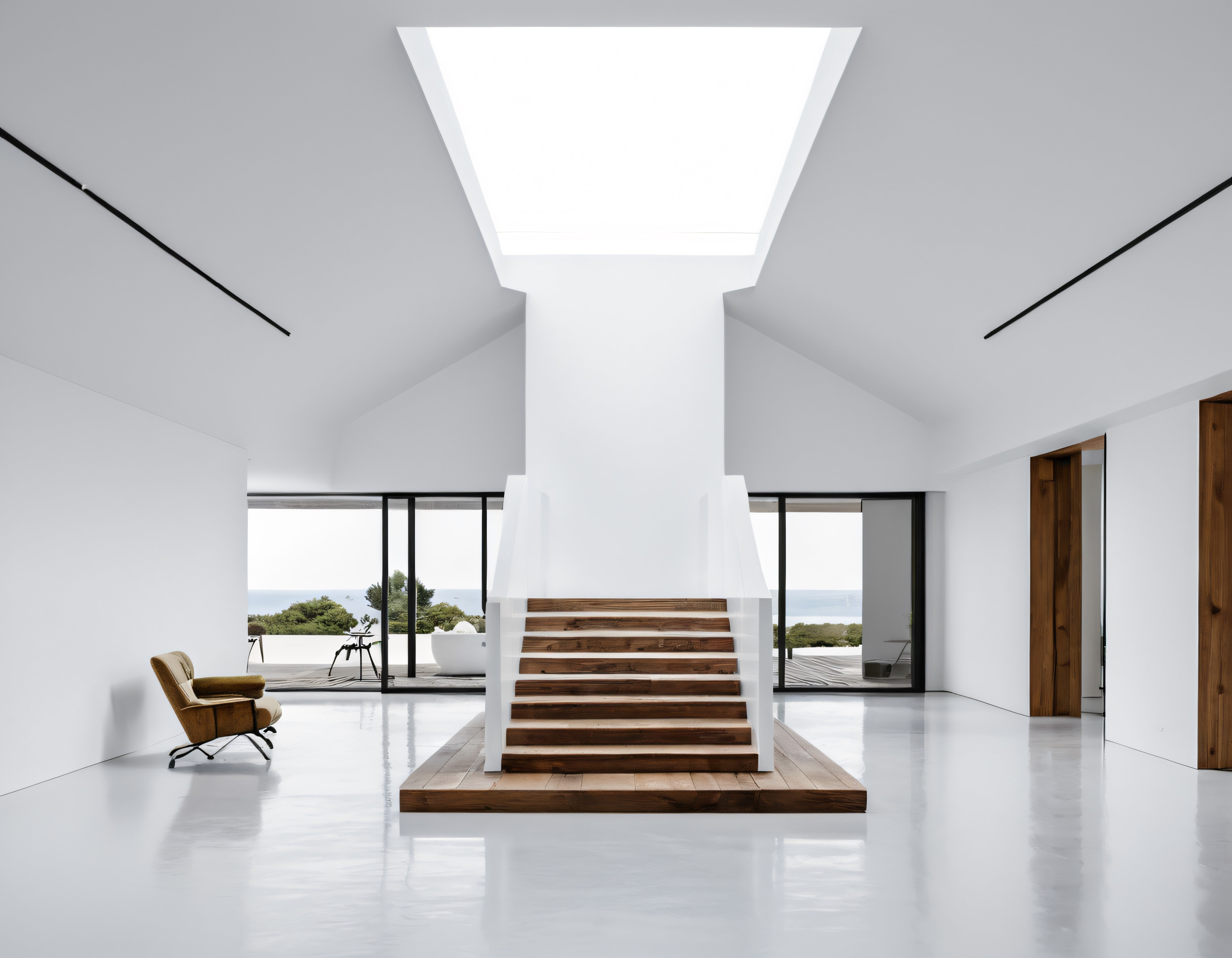 Deniz Manzaralı Modern Ev İç Mekanı: Minimalist Beyaz Dekor ve Ahşap Merdiven