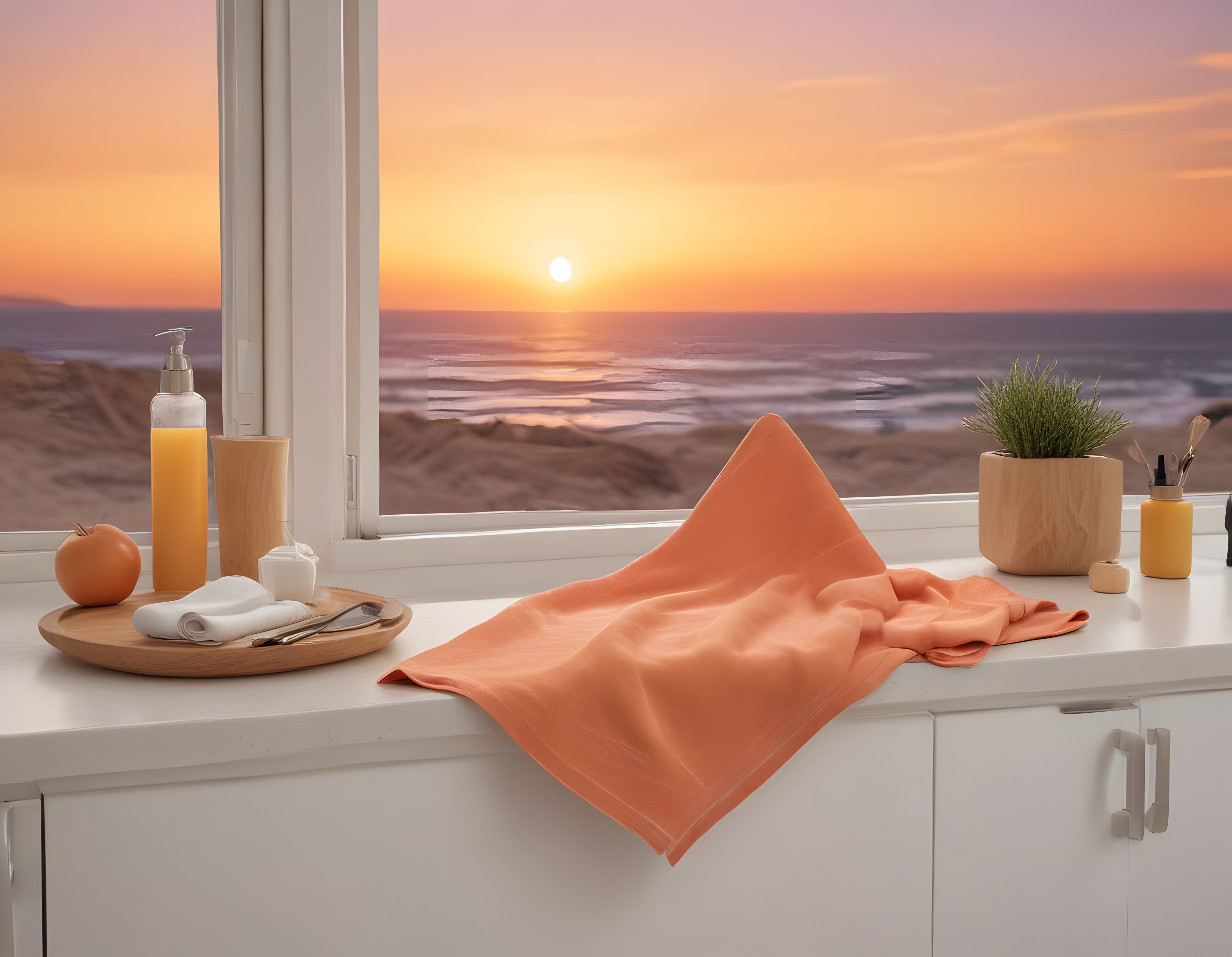 Deniz Manzaralı Pencere Önünde Huzurlu Banyo Dekorasyonu ve Spa Atmosferi