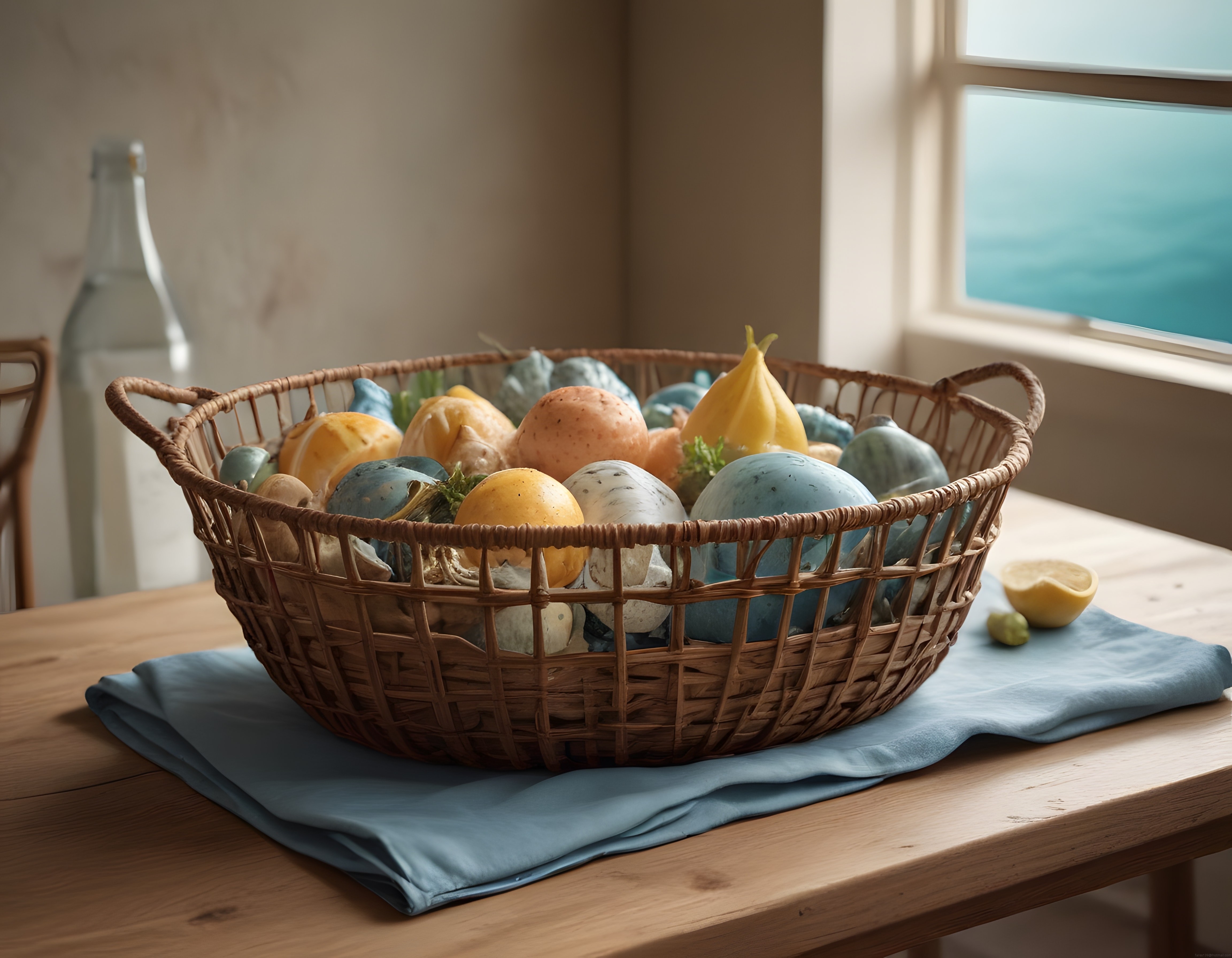 Deniz Manzaralı Pencere Önünde Sepette Pastel Renkli Yumurtalar ve Limon