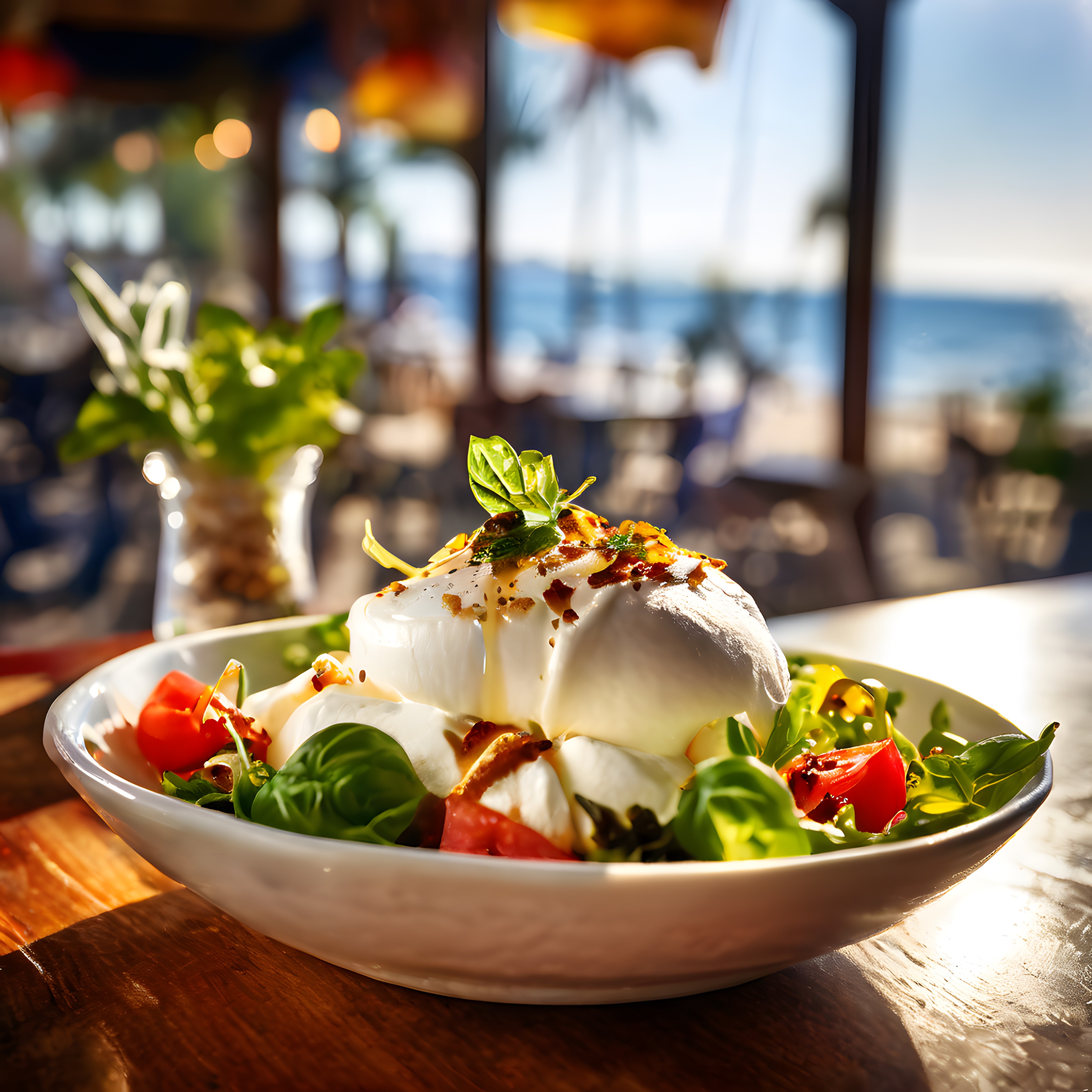 Deniz Manzaralı Restoranda Taze Burrata Peynirli Salata Sunumu