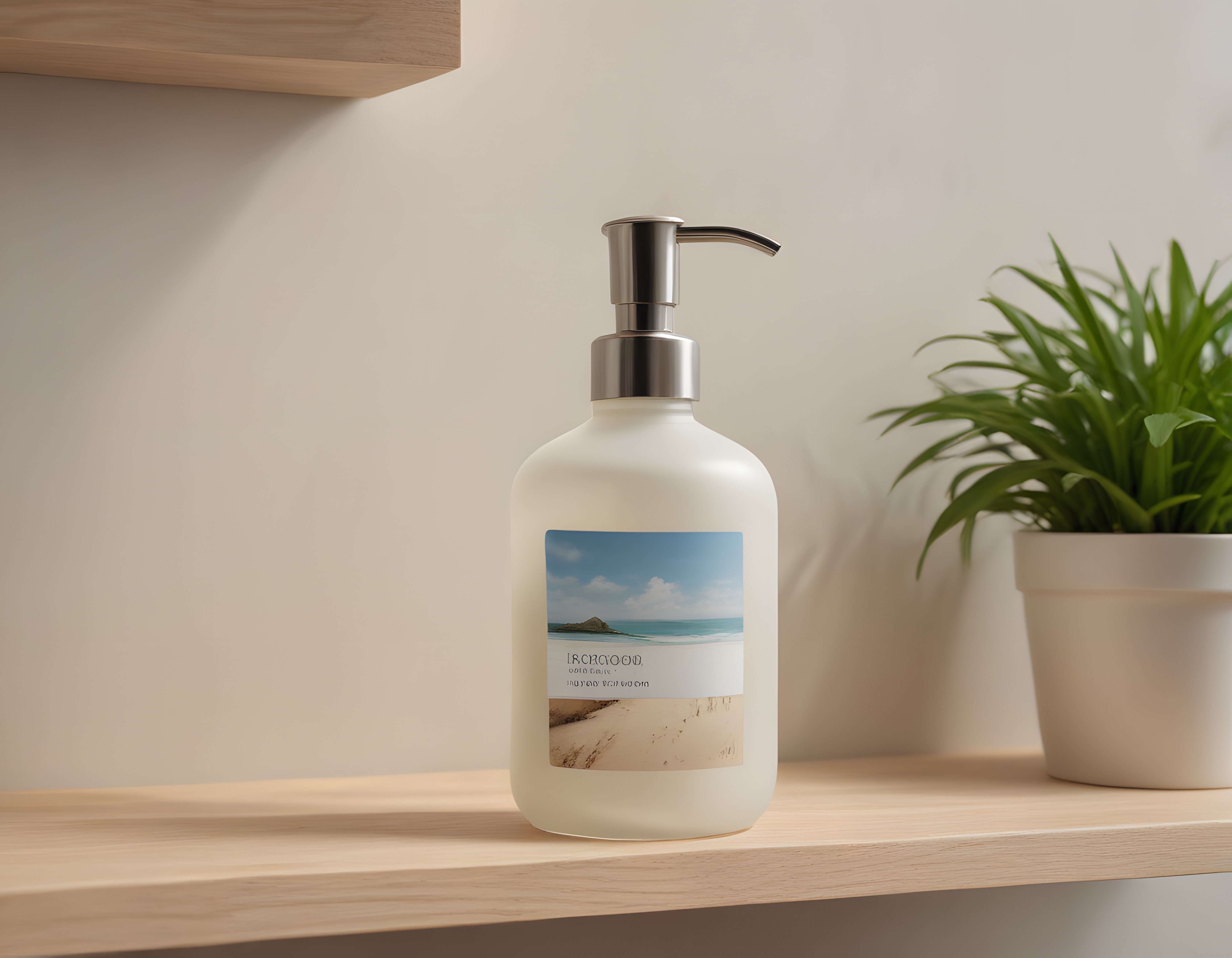 Deniz manzaralı sabun şişesi, krom pompa ve yeşil bitkiyle banyo dekorasyonu
