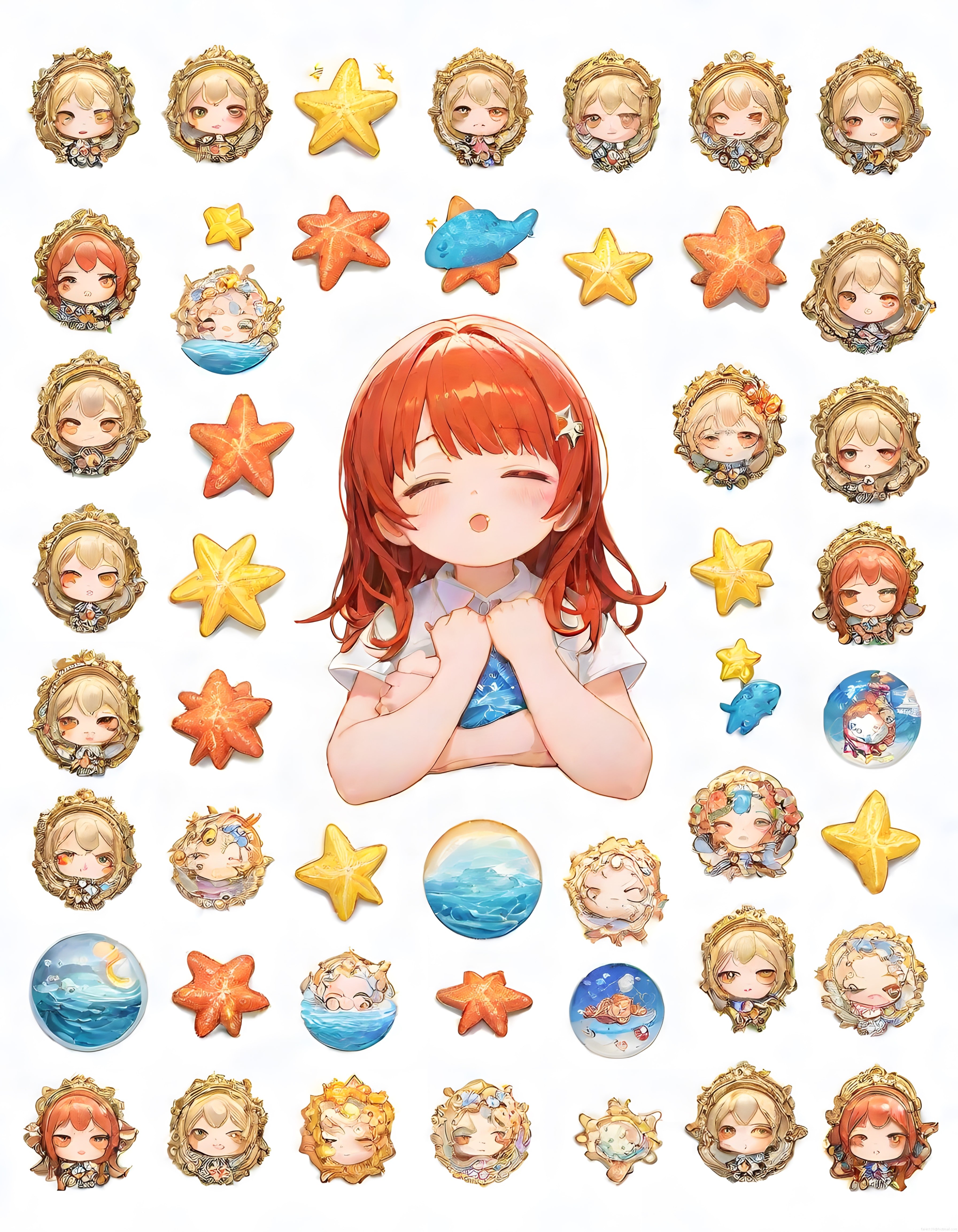 Deniz Temalı Anime Rozet Koleksiyonu ve Sevimli Chibi Karakter Tasarımları