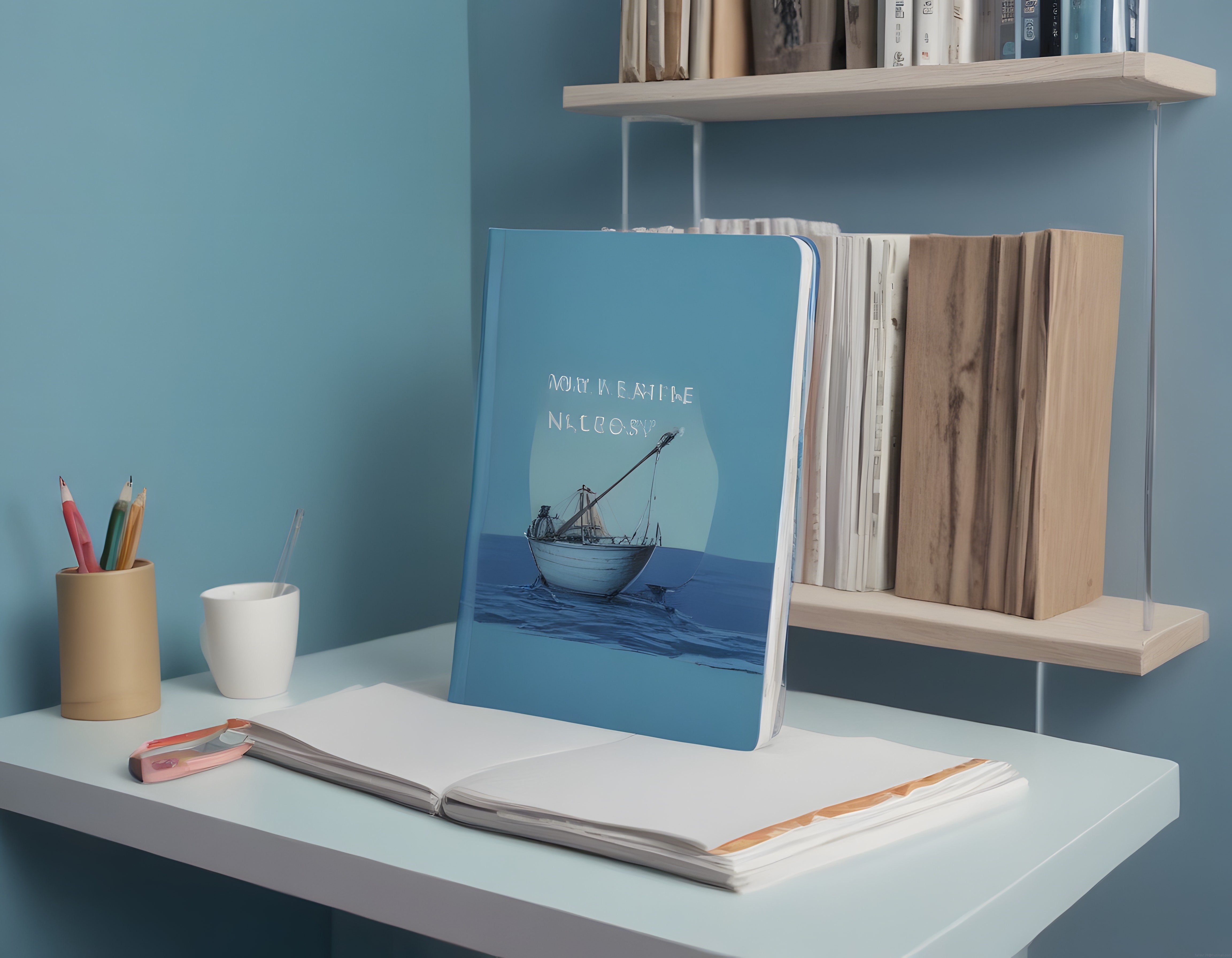 Deniz temalı defter ve kitaplarla düzenlenmiş minimalist çalışma masası