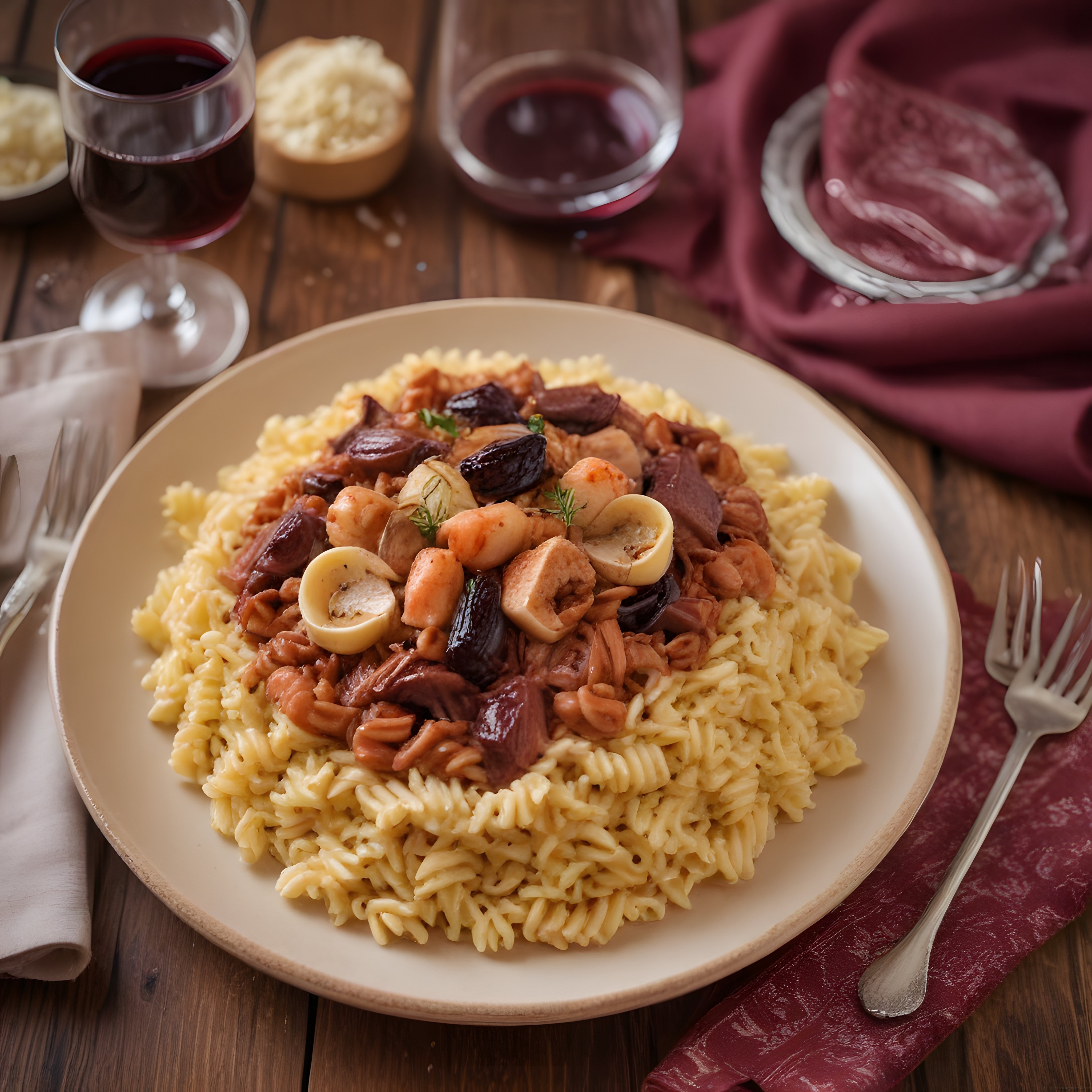 Deniz Ürünlü Fusilli Makarna ve Kırmızı Şarap ile Romantik Akşam Yemeği