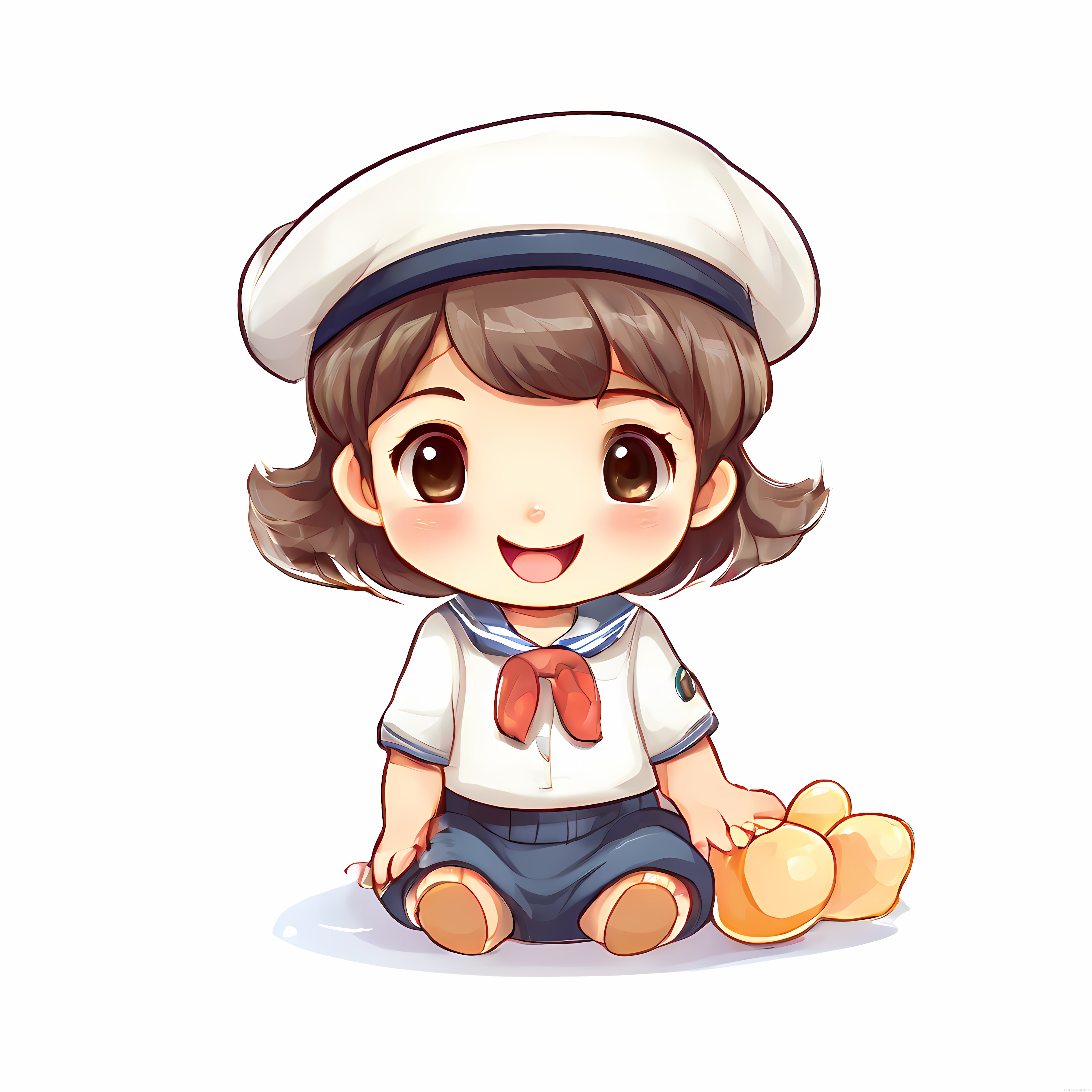 Denizci Üniformalı Masum Chibi Kız ve Sarı Ördek Oyuncağıyla Mutlu An
