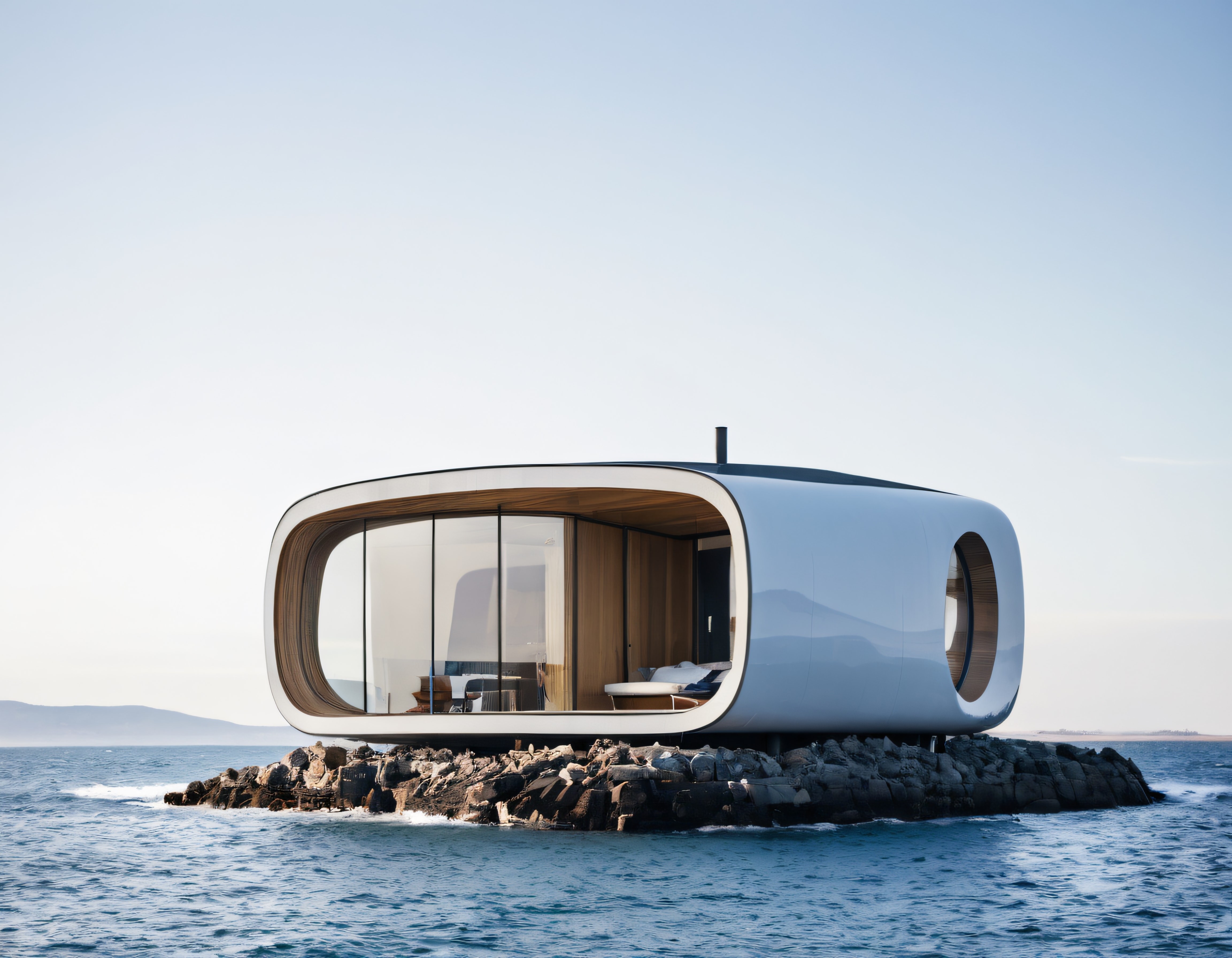 Denizin Ortasındaki Kayalıklarda Minimalist ve Futuristik Kapsül Ev
