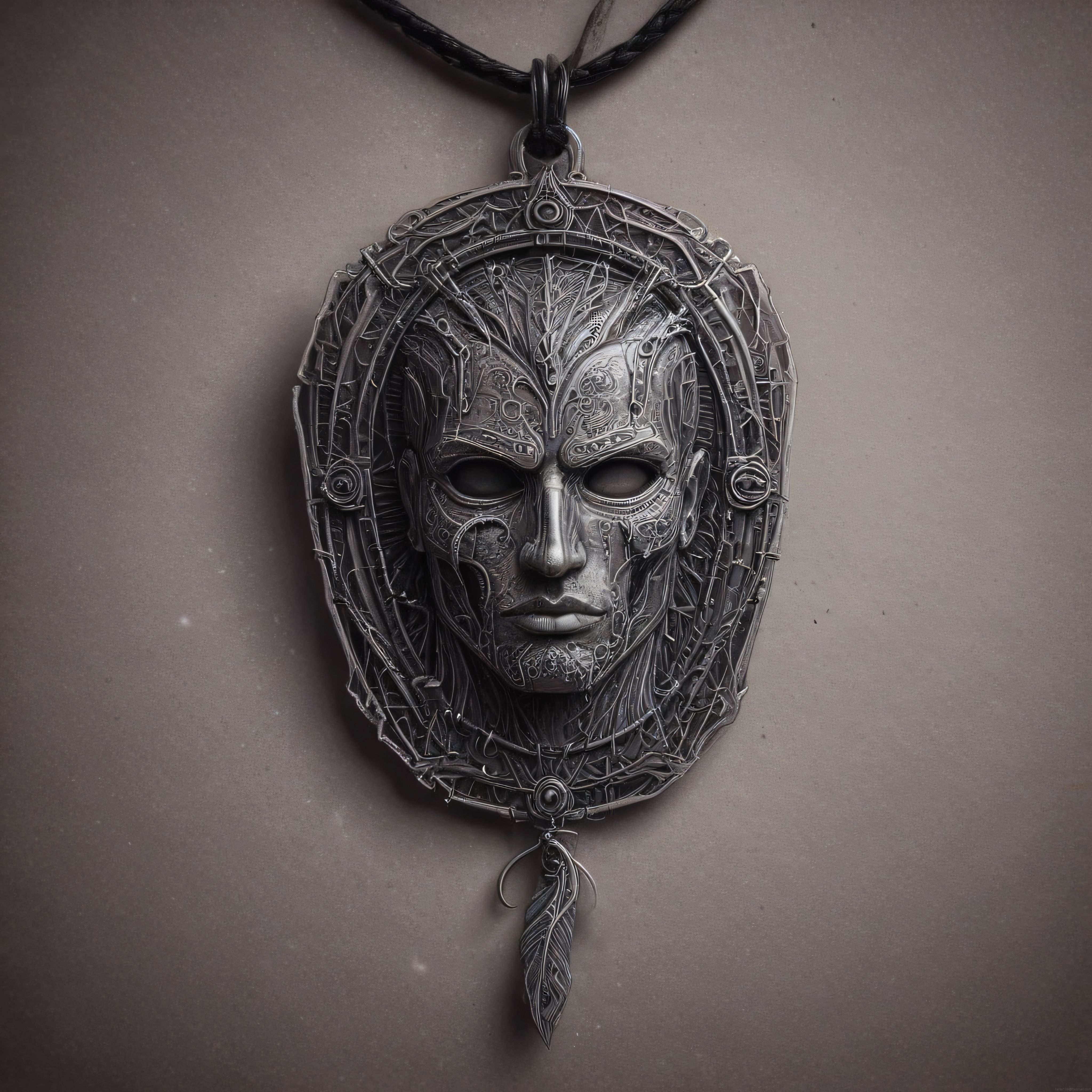 Deri Kordonlu İşlemeli Metal Maske Kolye ve Tüy Süsleme Detayı