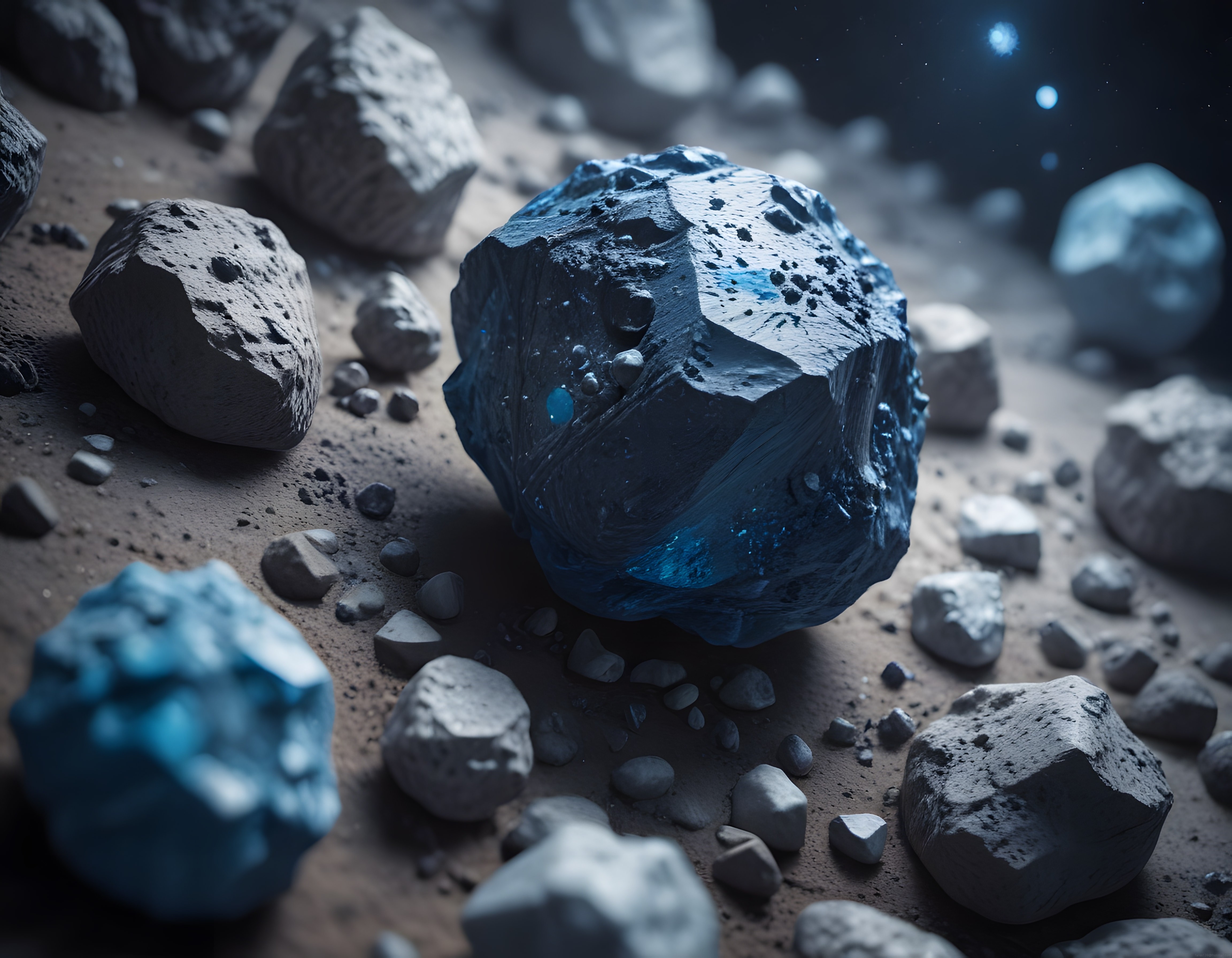 Derin Uzayda Gizemli Bir Asteroit Üzerinde Parlayan Mavi Kristal