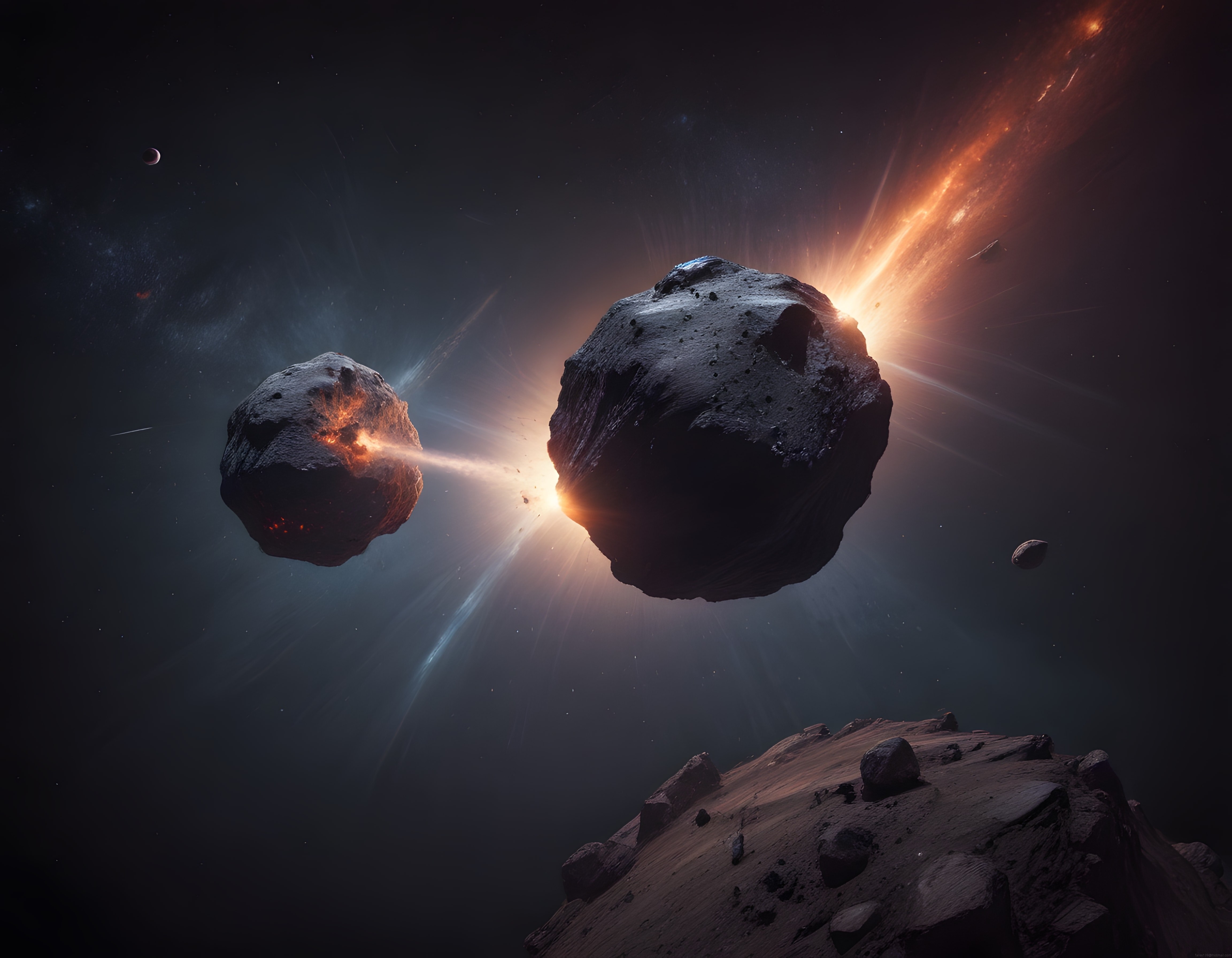 Derin Uzayda İki Devasa Asteroidin Çarpışma Anı ve Parlak Galaksi