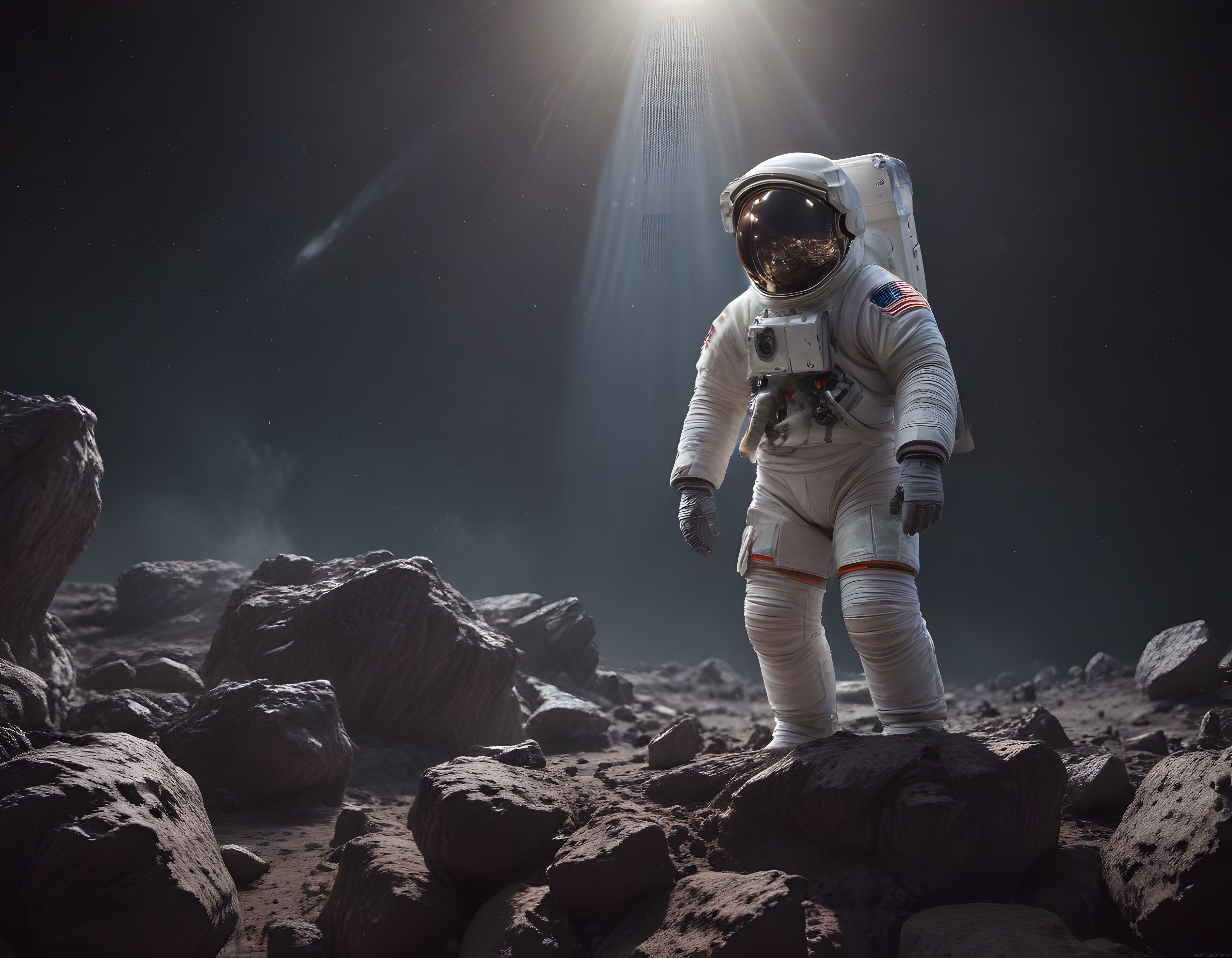 Derin Uzayda Kayalık Gezegen Yüzeyinde Işık Huzmeleri Altında Astronot