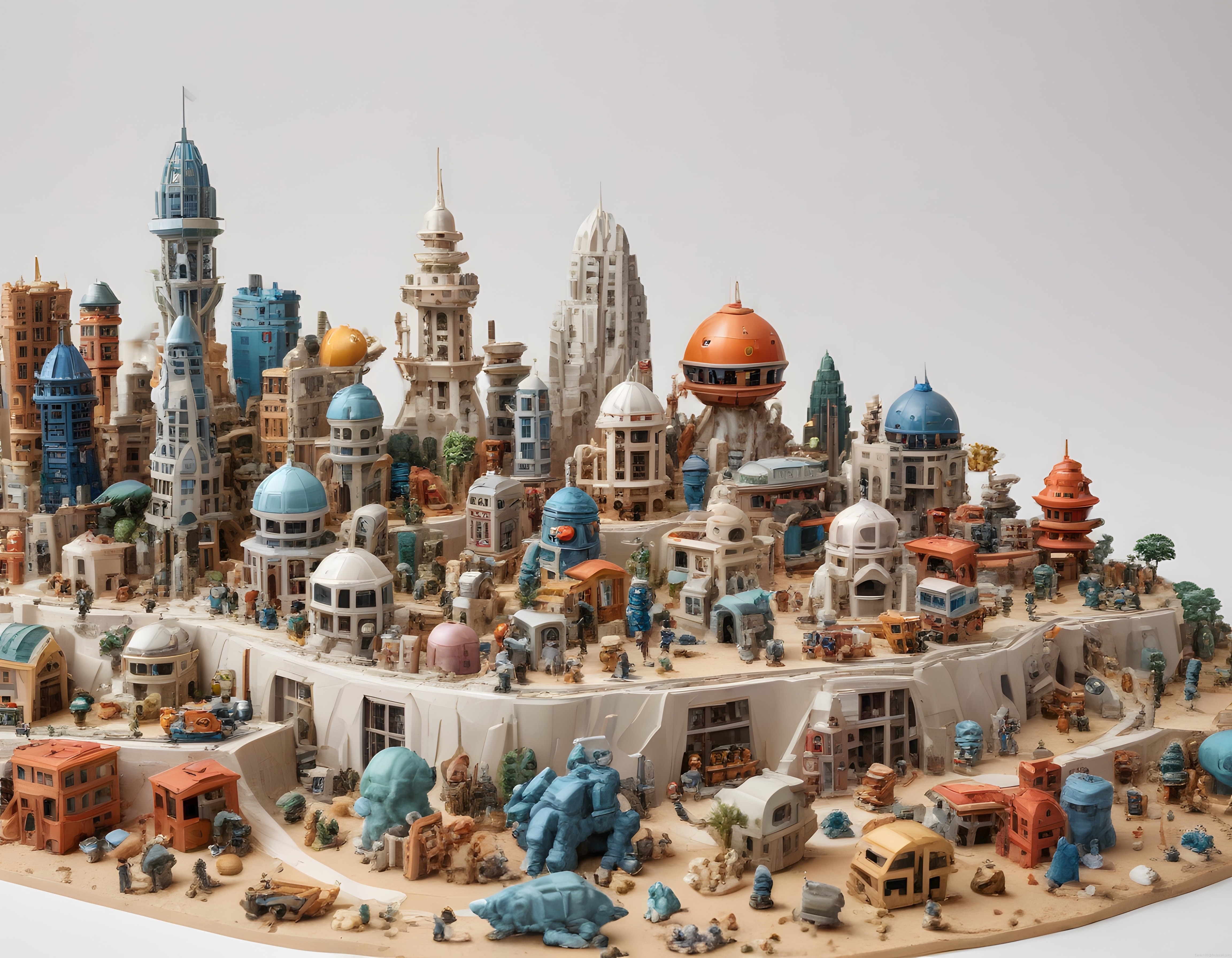 detaylı bilim kurgu temalı miniatür şehir maketi ve robot figürleri