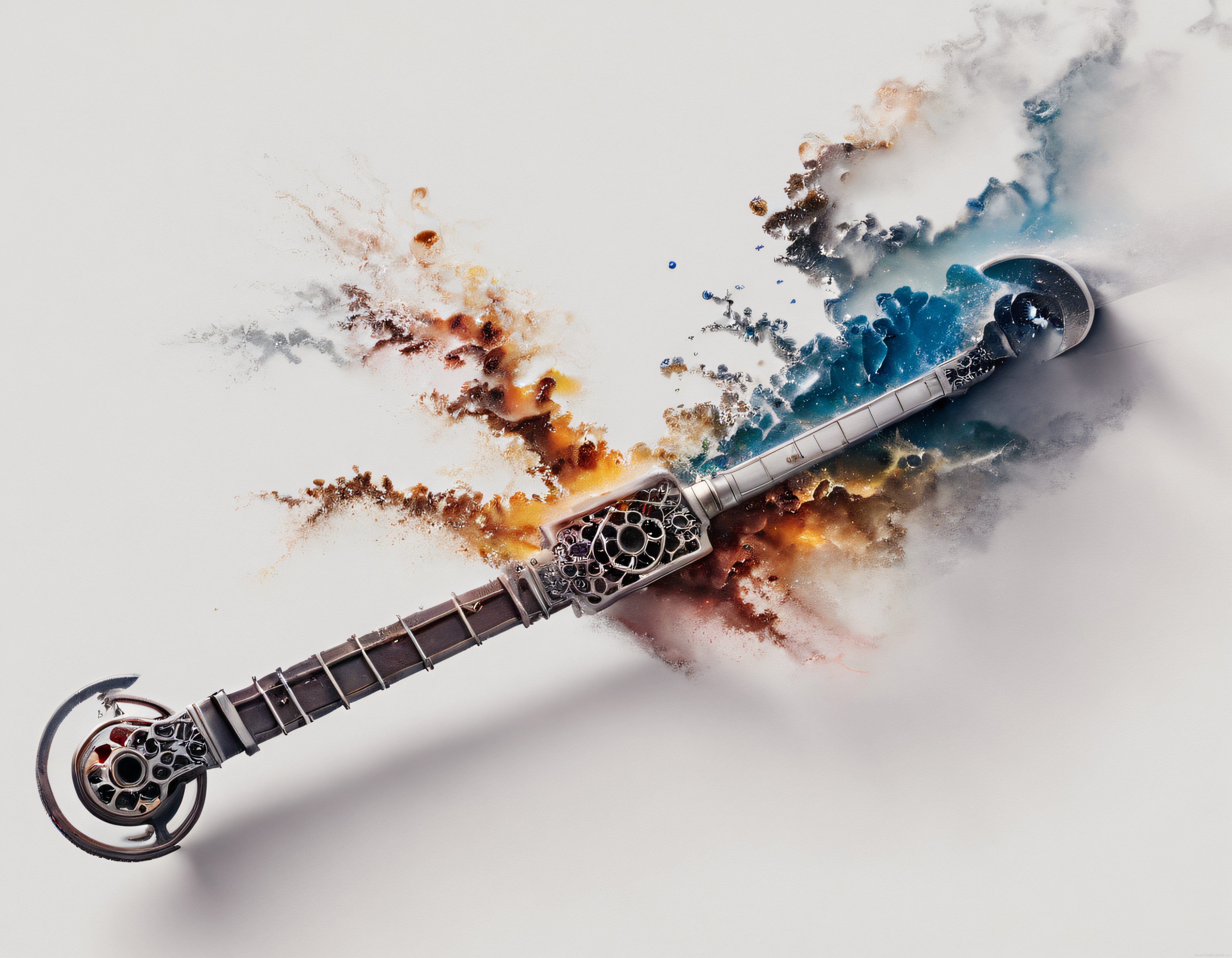 Detaylı Kılıç Tasarımı ve Renkli Duman Bulutlarıyla Fantastik Dijital Sanat Eseri