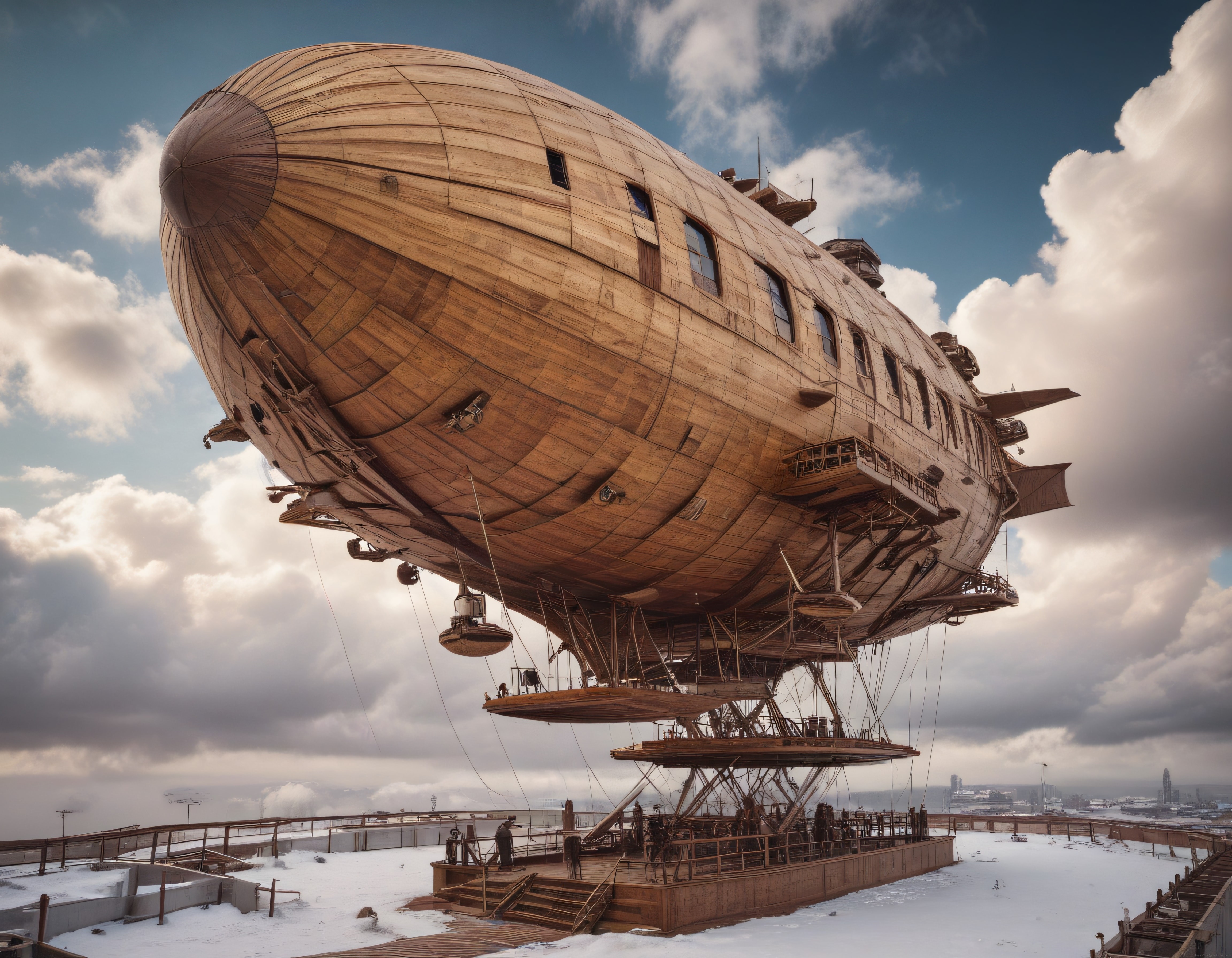 Dev Ahşap Kaplamalı Steampunk Zeplin Dijital İllüstrasyon Sanatı