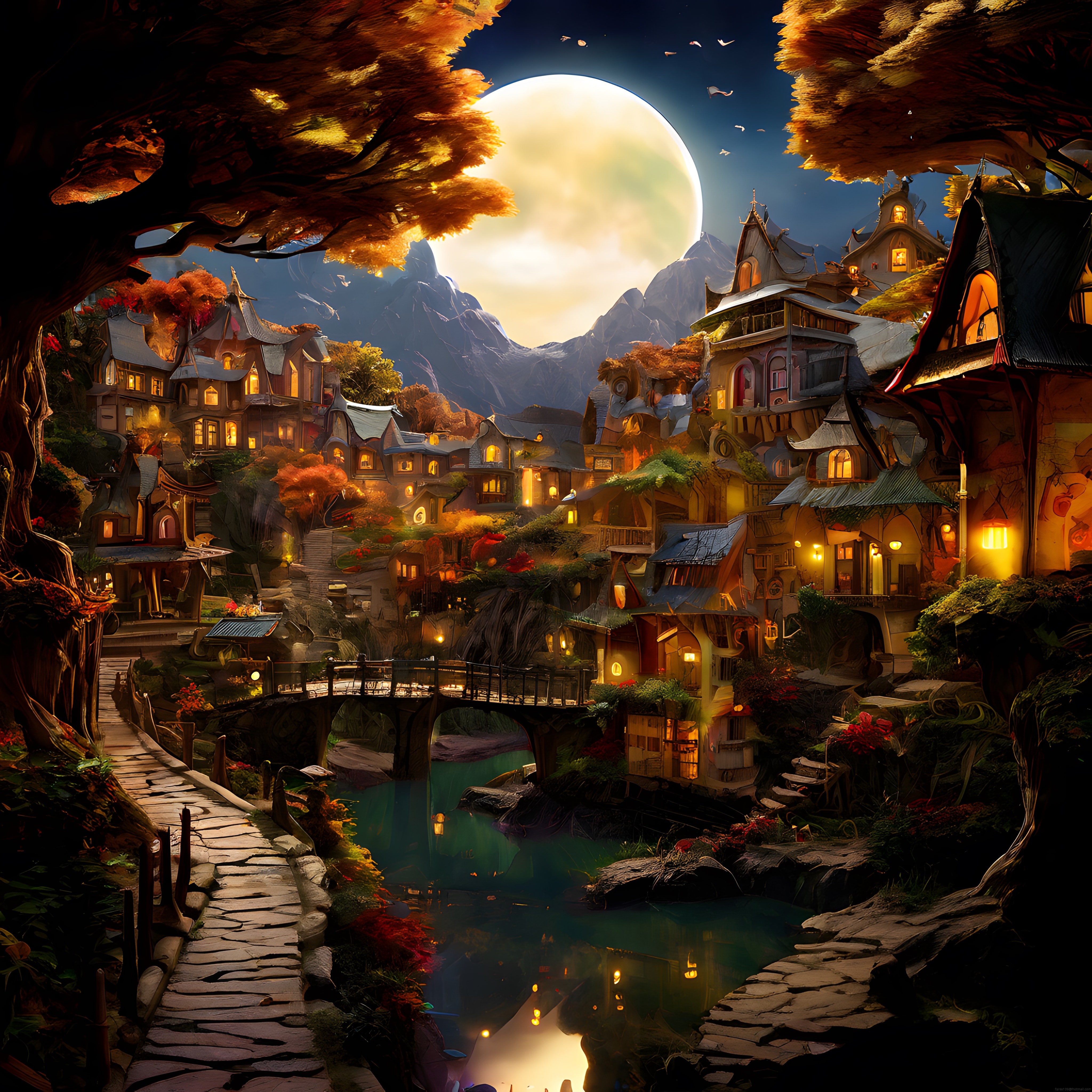 Dev Ay ve Sonbahar Ağaçlarıyla Kaplı Masalsı Fantasy Köy Manzarası