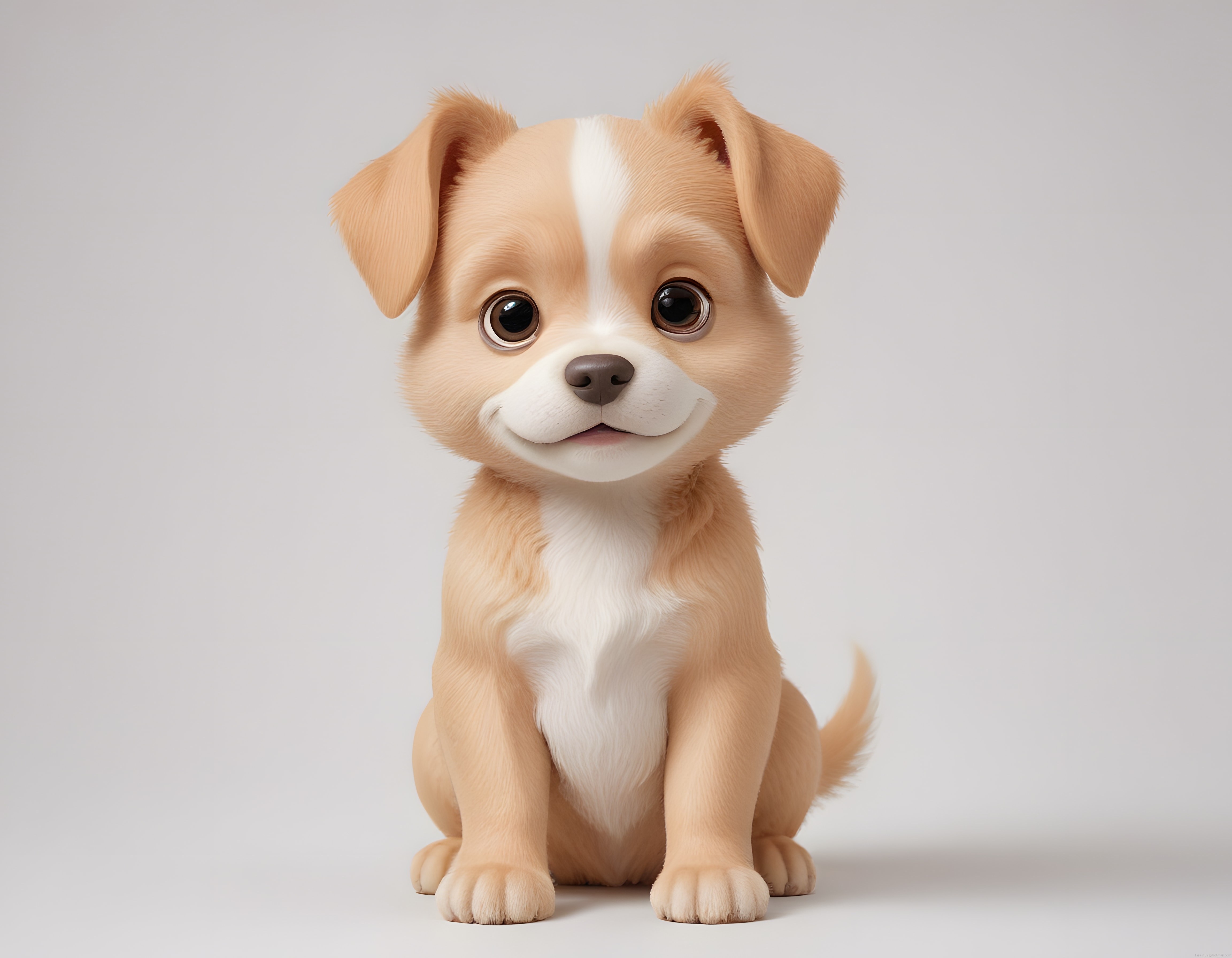 Dev Gözlü Sevimli 3D Köpek Yavrusu Karakteri Gri Arka Plan Üzerinde Oturuyor