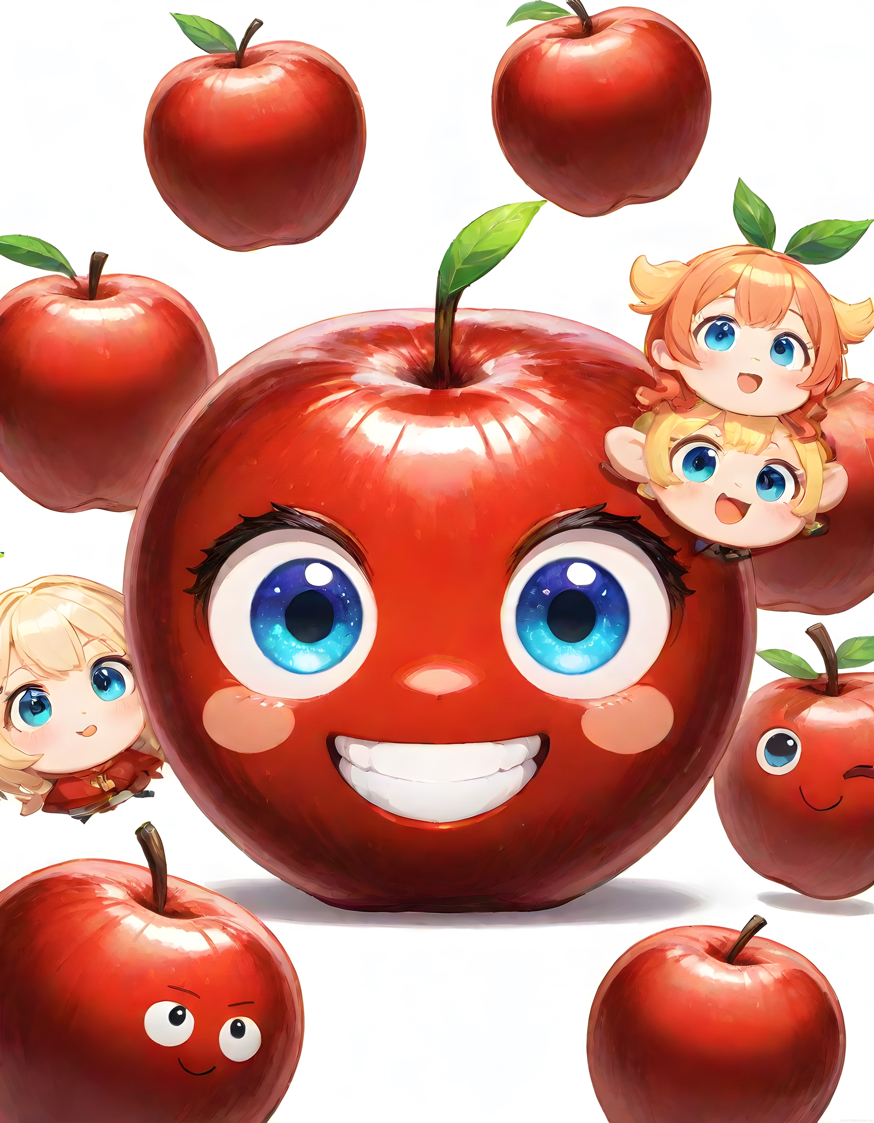 Dev Kırmızı Elma Karakteri ve Sevimli Anime Chibi Figürler Dijital Çizim