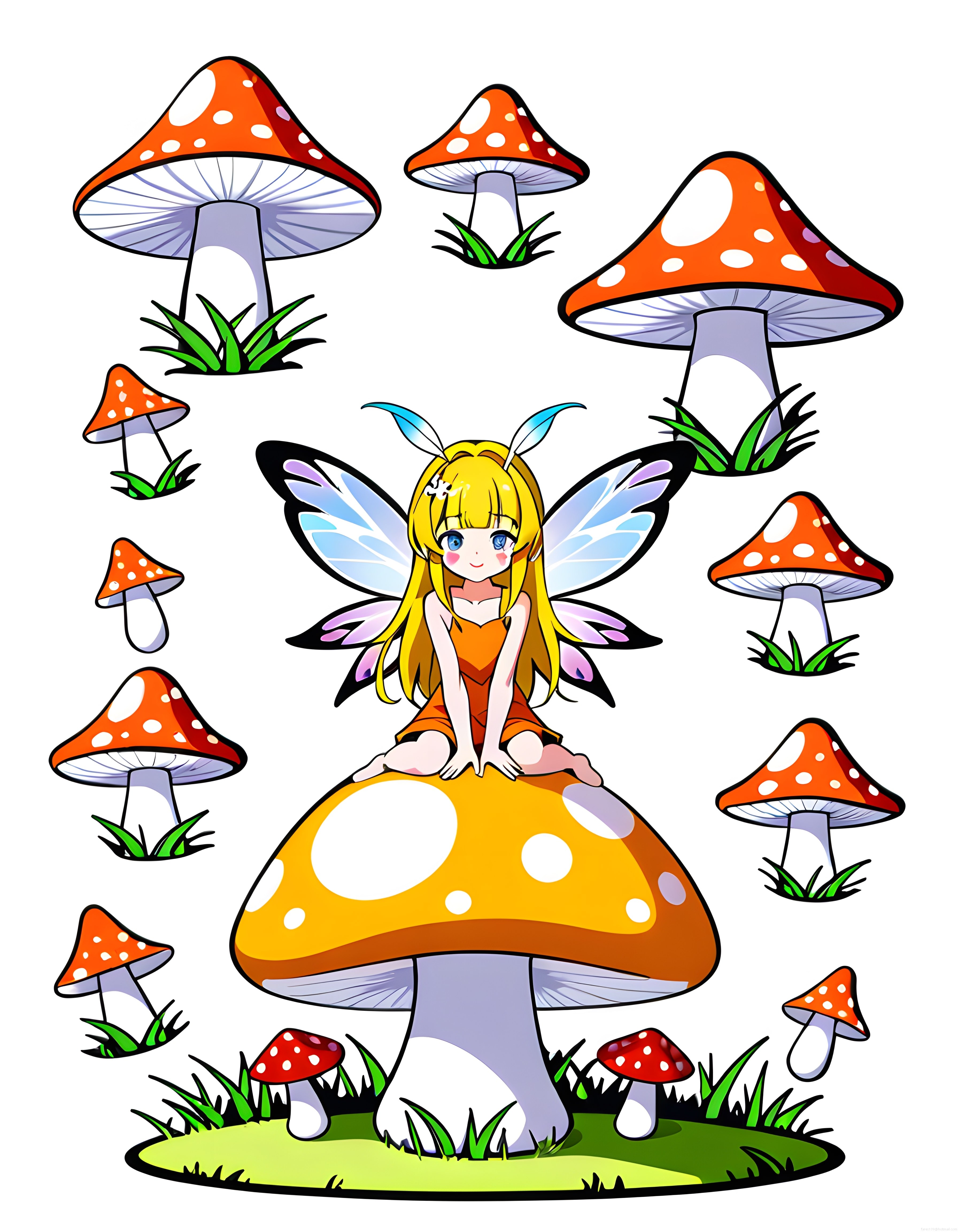 Dev Mantarların Üzerinde Oturan Sevimli Anime Peri Kızı ve Masal Dünyası