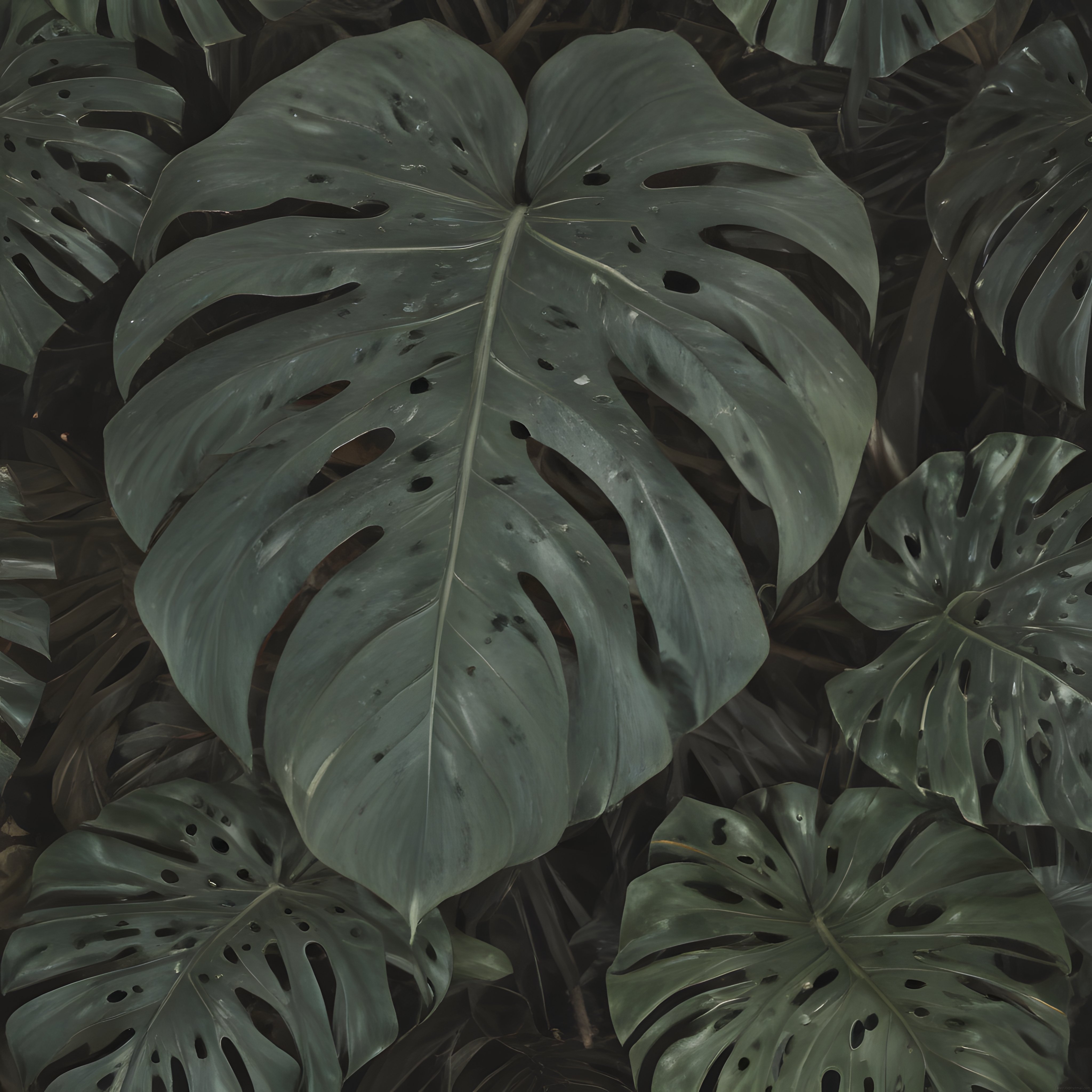 Dev Monstera Yapraklarıyla Tropikal Ormanın Koyu Yeşil ve Huzurlu Dokusu