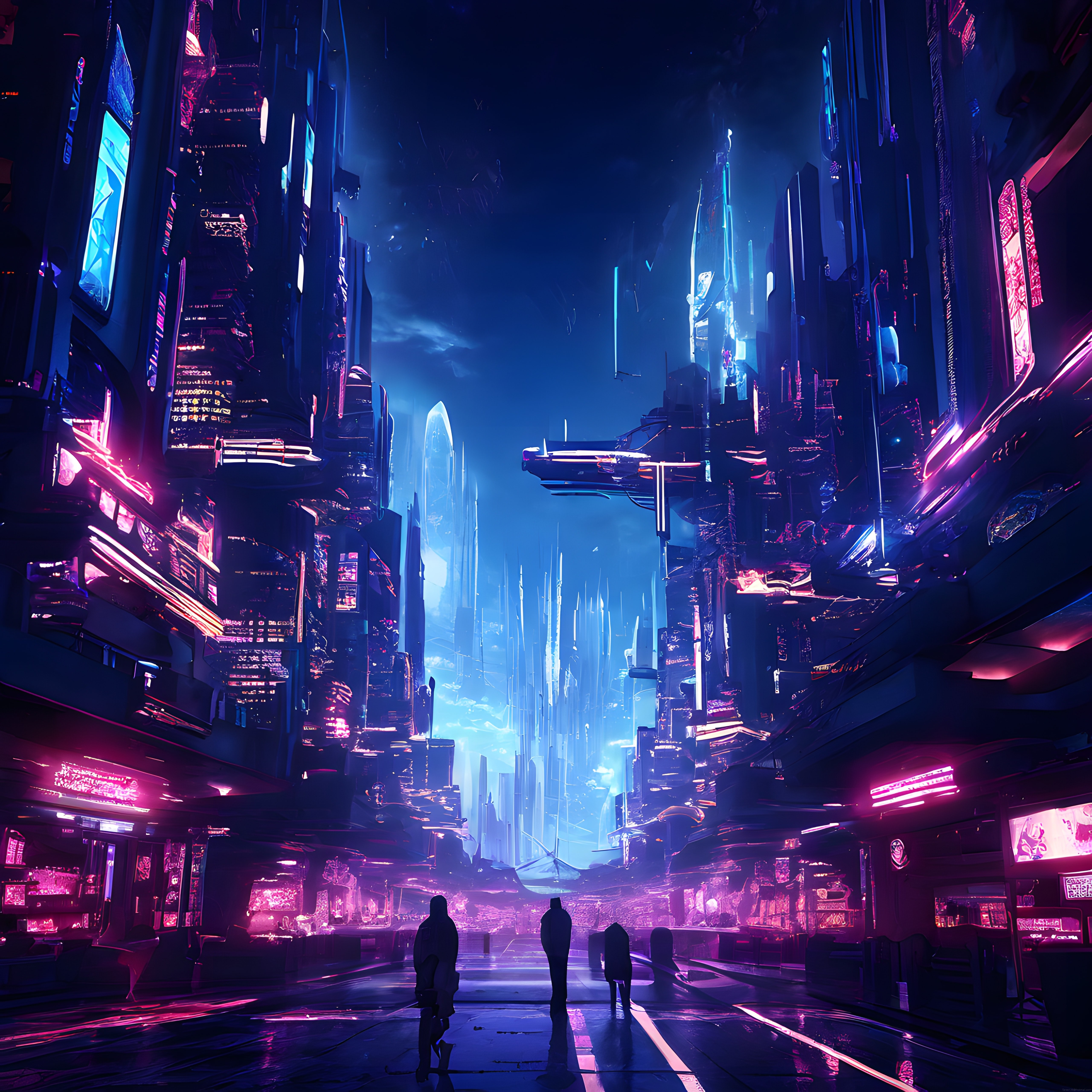Dev neon gökdeleriyle çevrili geleceğin cyberpunk metropol gece manzarası