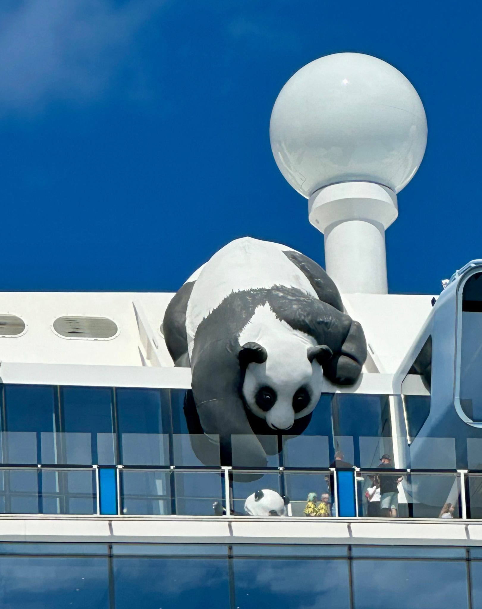 Dev Panda Heykeli ile Süslenmiş Cruise Gemisinin Üst Güvertesinden Görüntü