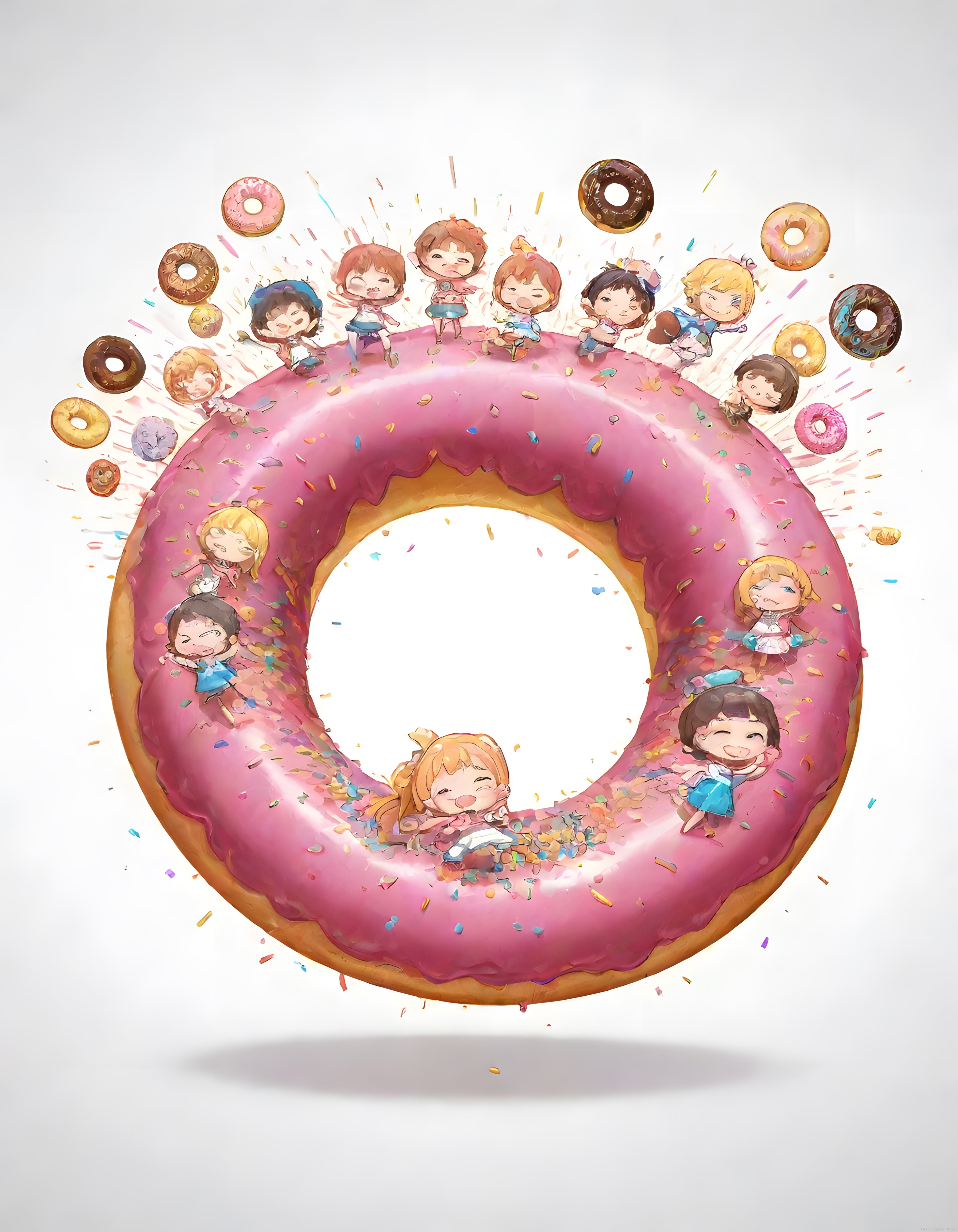 dev pembe donut üzerinde eğlenen chibi karakterlerin renkli ve tatlı dünyası