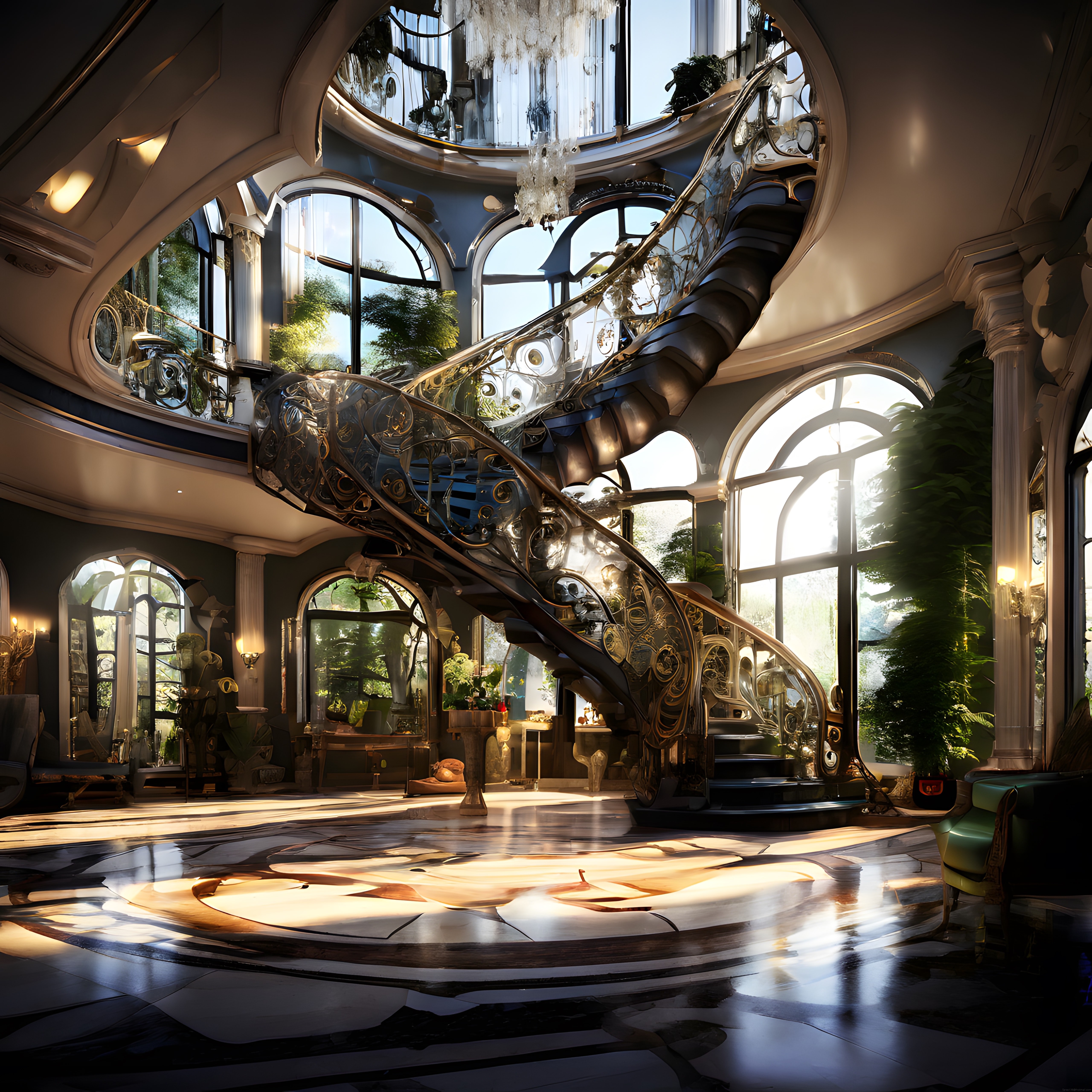 Dev Pencereleriyle Art Nouveau Tarzı Görkemli Villa İç Mekanı ve Merdiveni