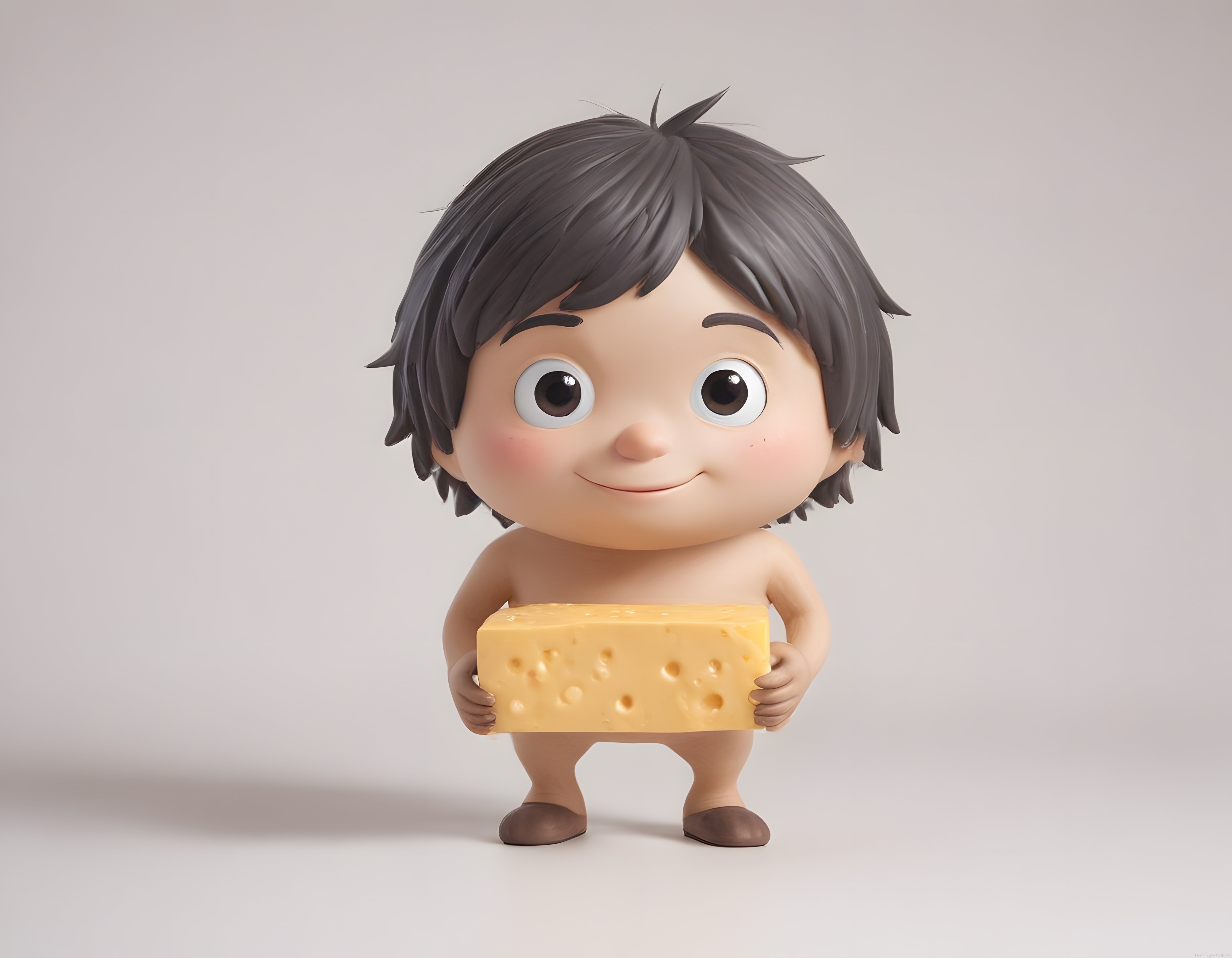 Dev Peynir Bloğu Tutan Masum Bakışlı 3D Animasyon Çocuk Karakteri