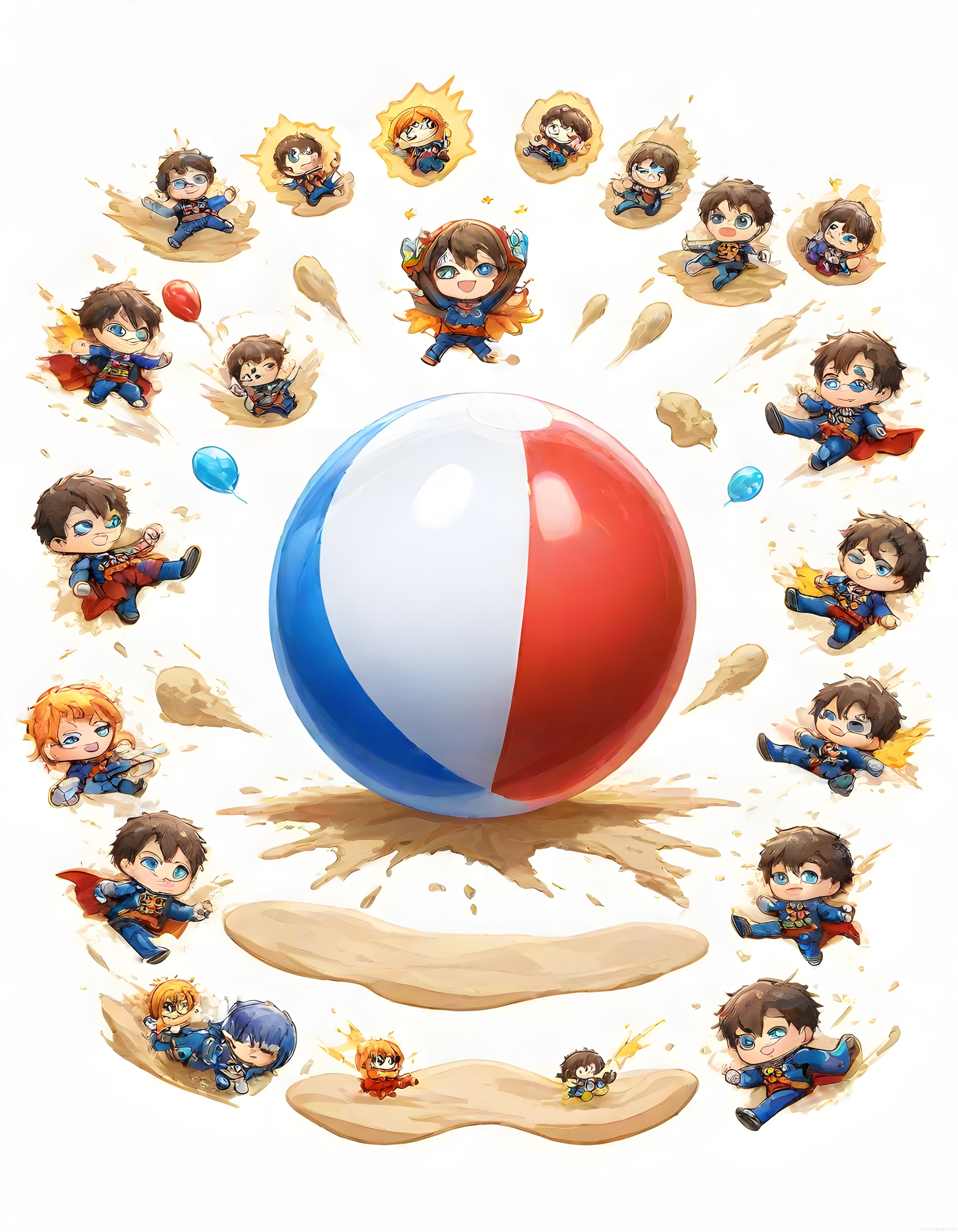Dev plaj topunun etrafında süper güçlü chibi kahramanların eğlenceli anime illüstrasyonu