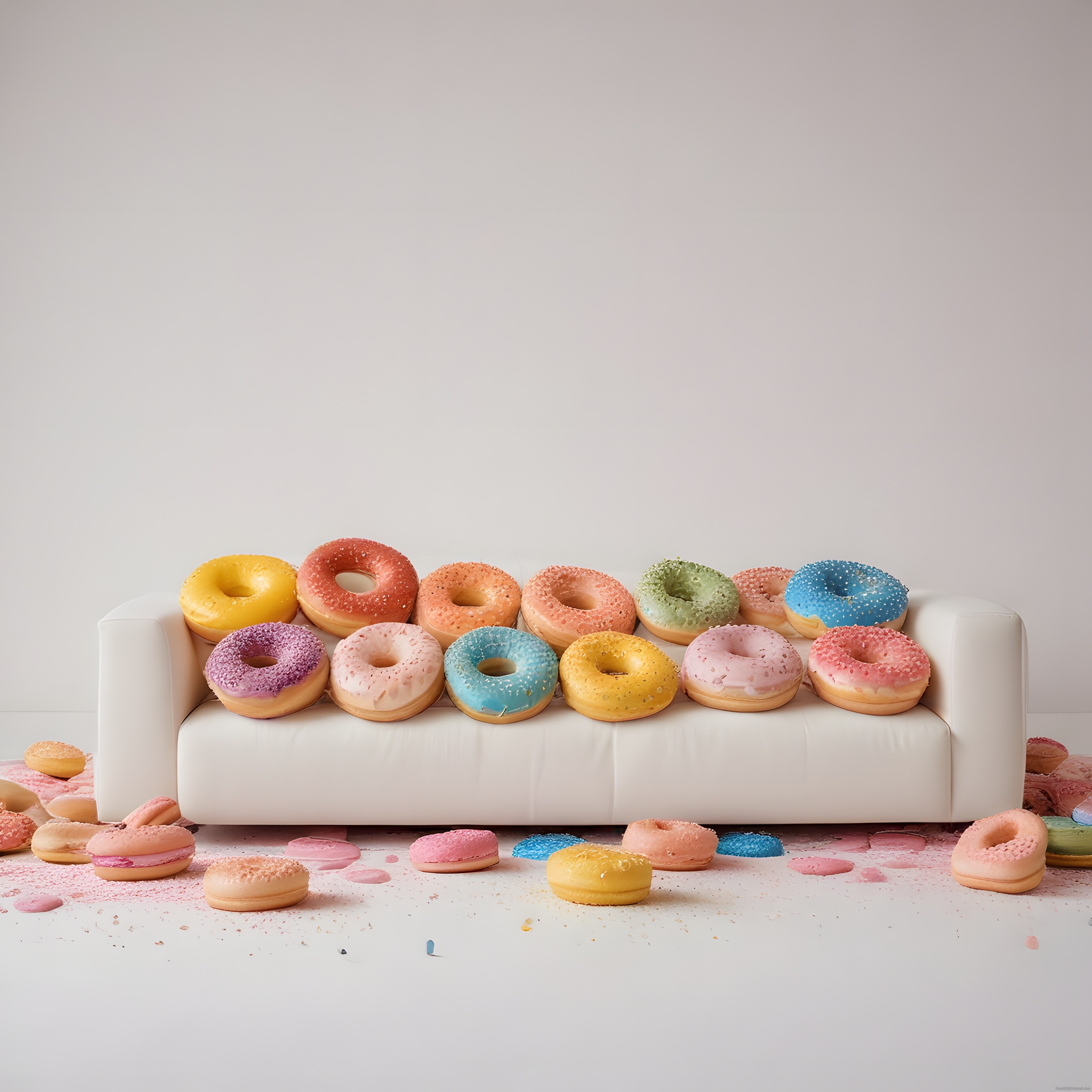 Dev Renkli Donutlarla Dolu Beyaz Kanepe ve Şekerli Düşler Atmosferi Dev Renkli Donutlarla Dolu Beyaz Kanepe ve Şekerli Düşler Atmosferi