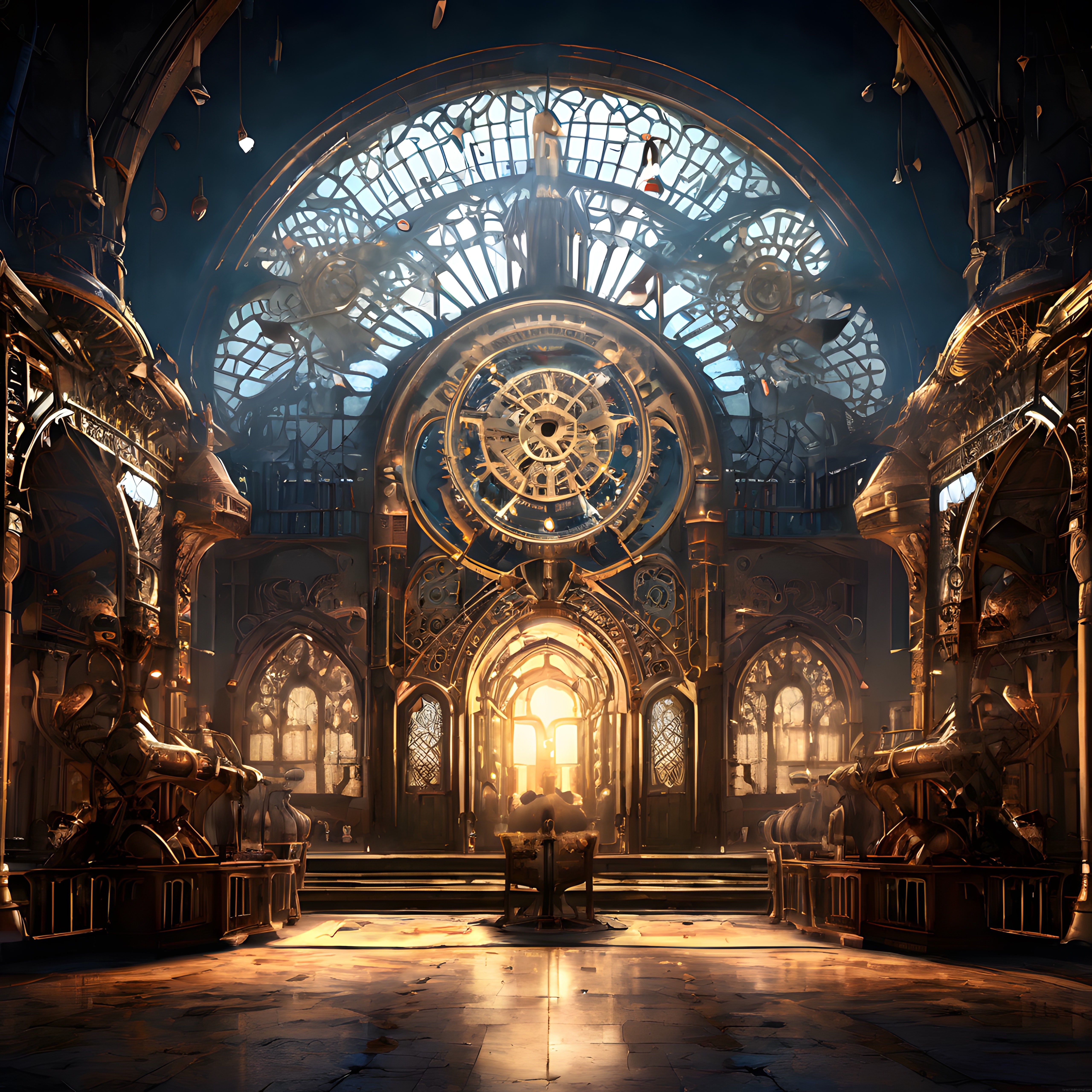 Dev Saat ve Vitraylı Gotik Katedral İçi Fantastik Dijital Sanat Çalışması