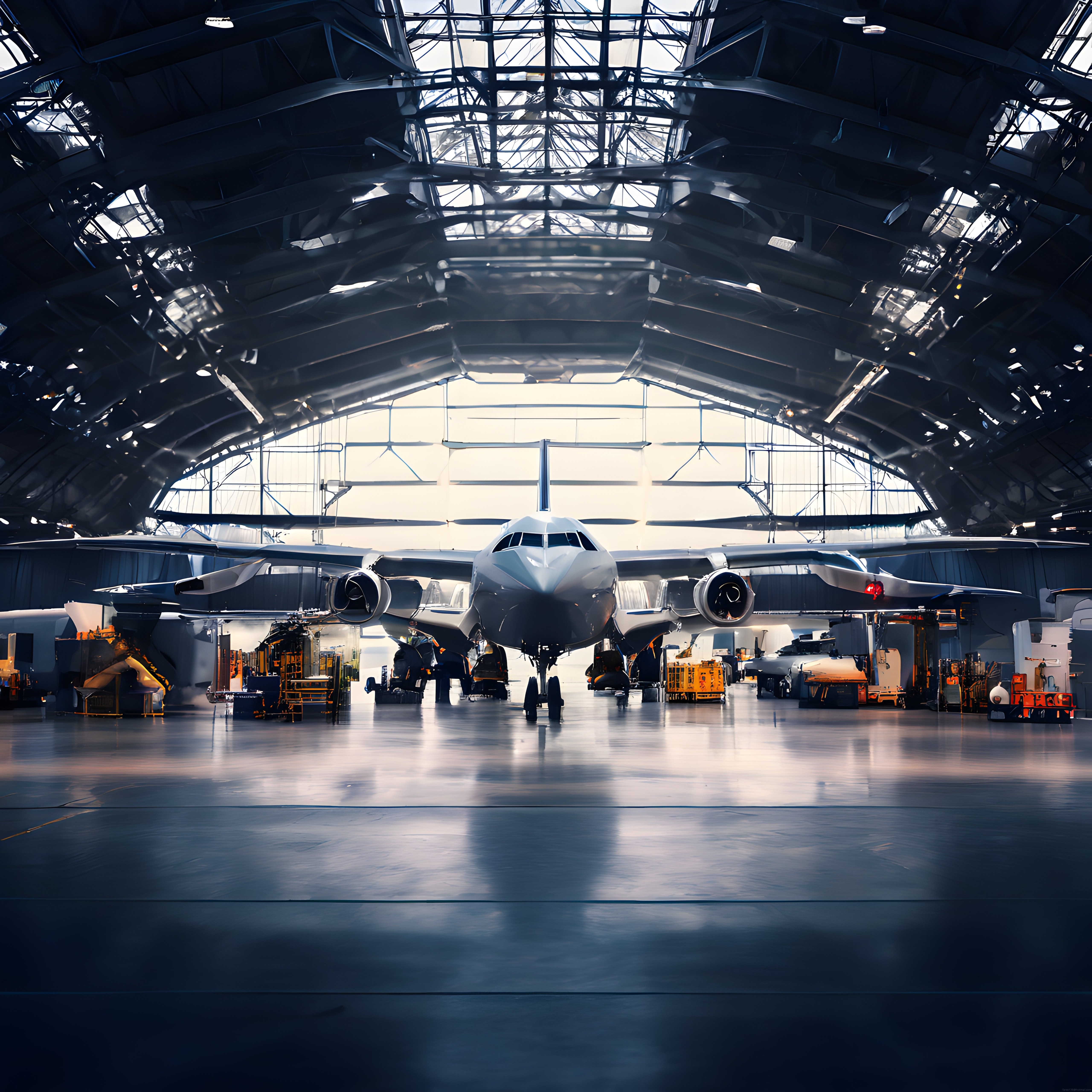 Dev Uçak Bakım Hangarında Görkemli Yolcu Uçağı ve Endüstriyel Atmosfer