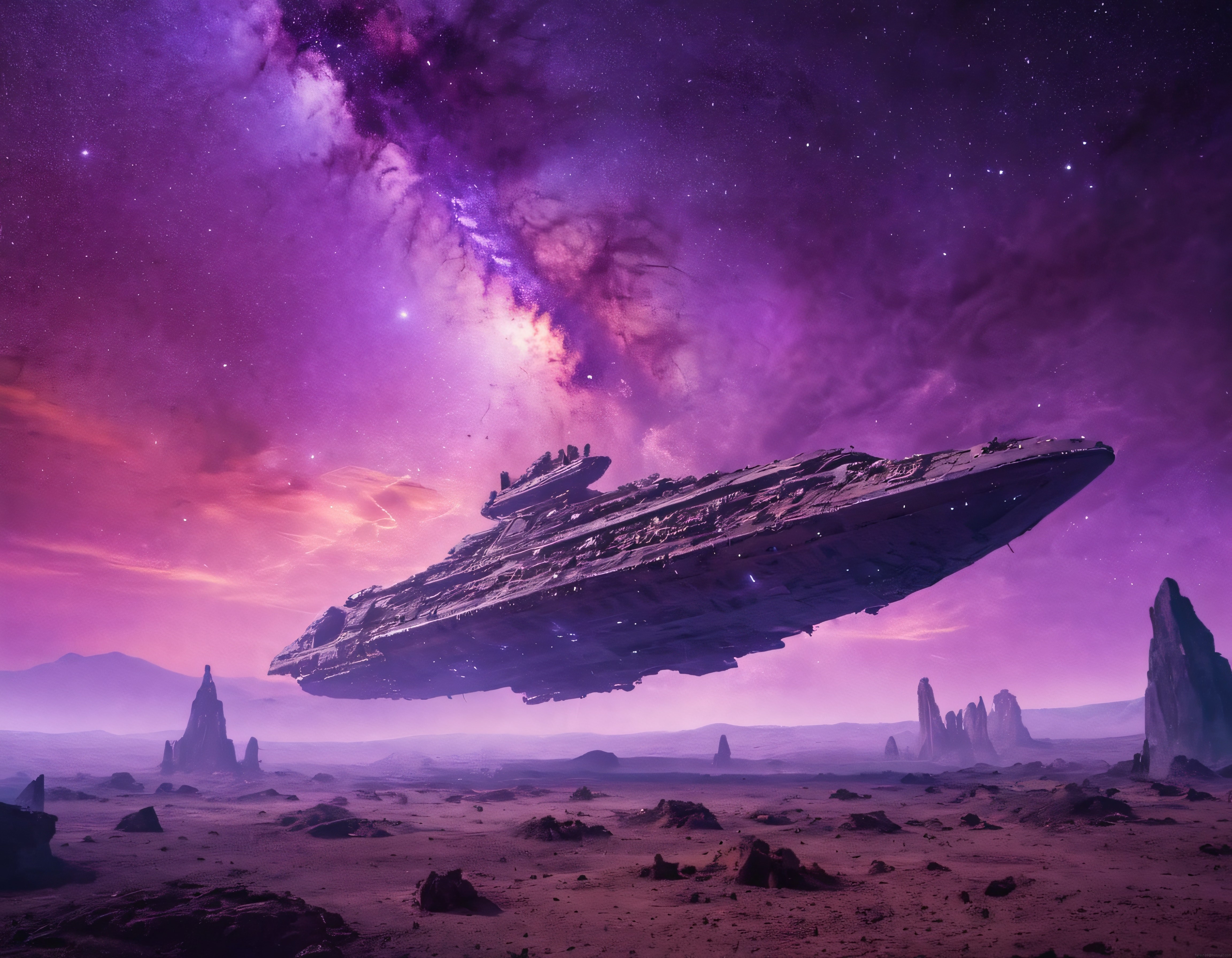 Dev Yıldız Gemisi Mor Nebula Altında Çöl Gezegenin Üzerinde Süzülüyor