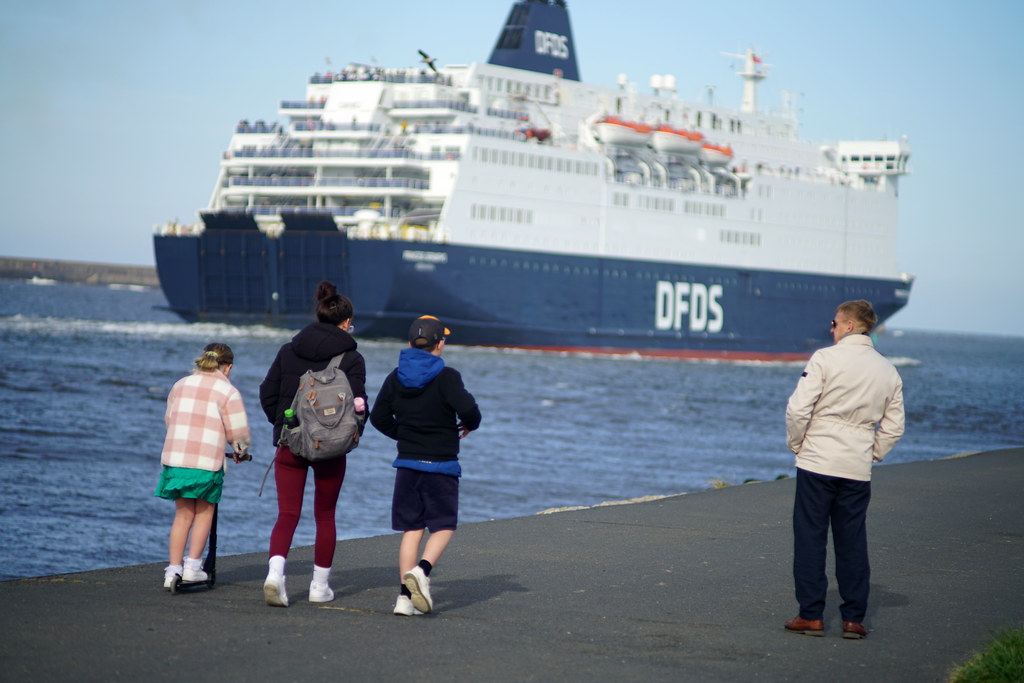 DFDS feribotunu kıyıdan izleyen aile ve çocuklar, deniz manzaralı gemi seyahati anı