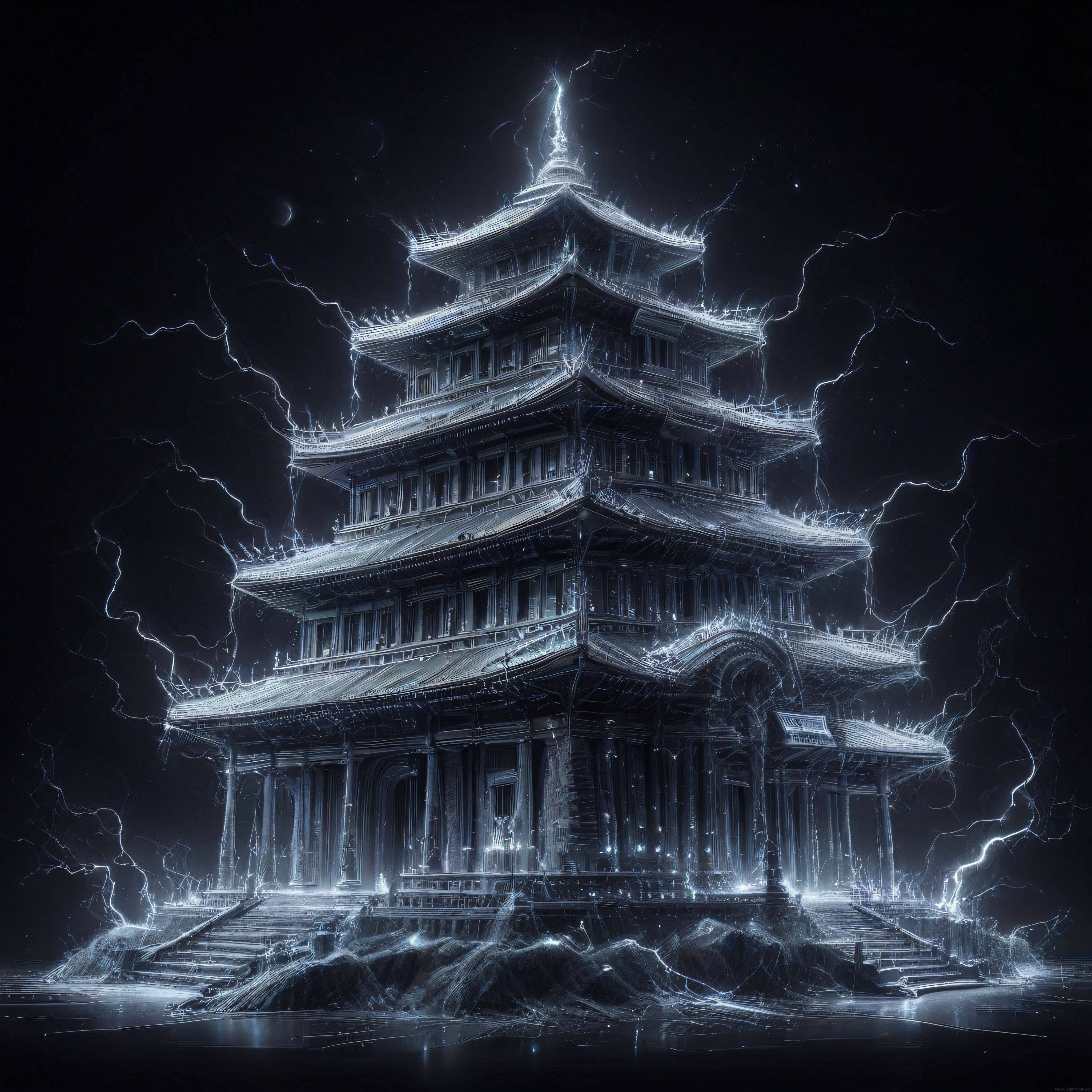Dijital Sanat Eseri: Enerji Çizgileriyle Oluşturulmuş Efsanevi Pagoda