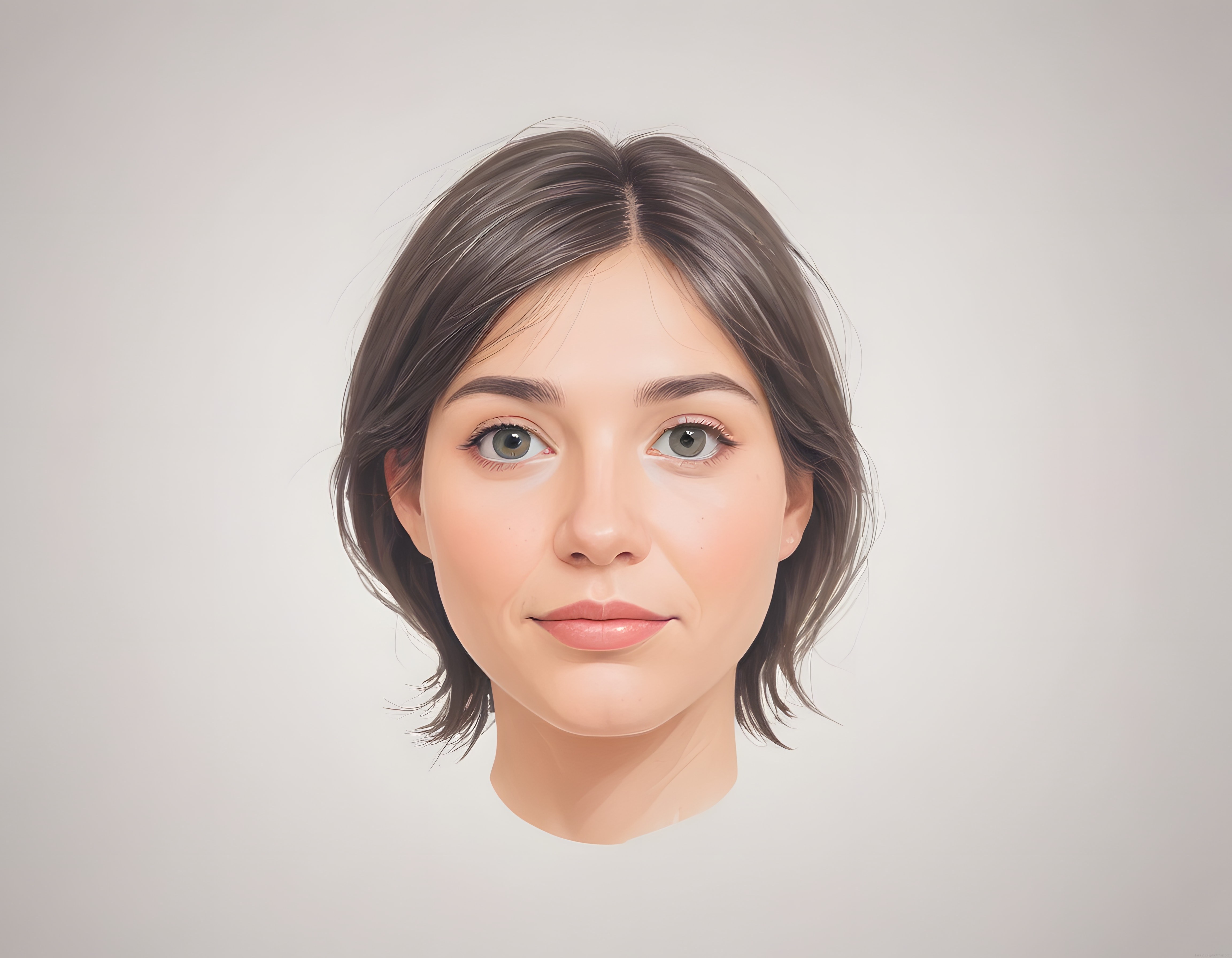 Dijital sanat portresi: Kısa saçlı genç kadın, soft ışık ve pastel tonlar