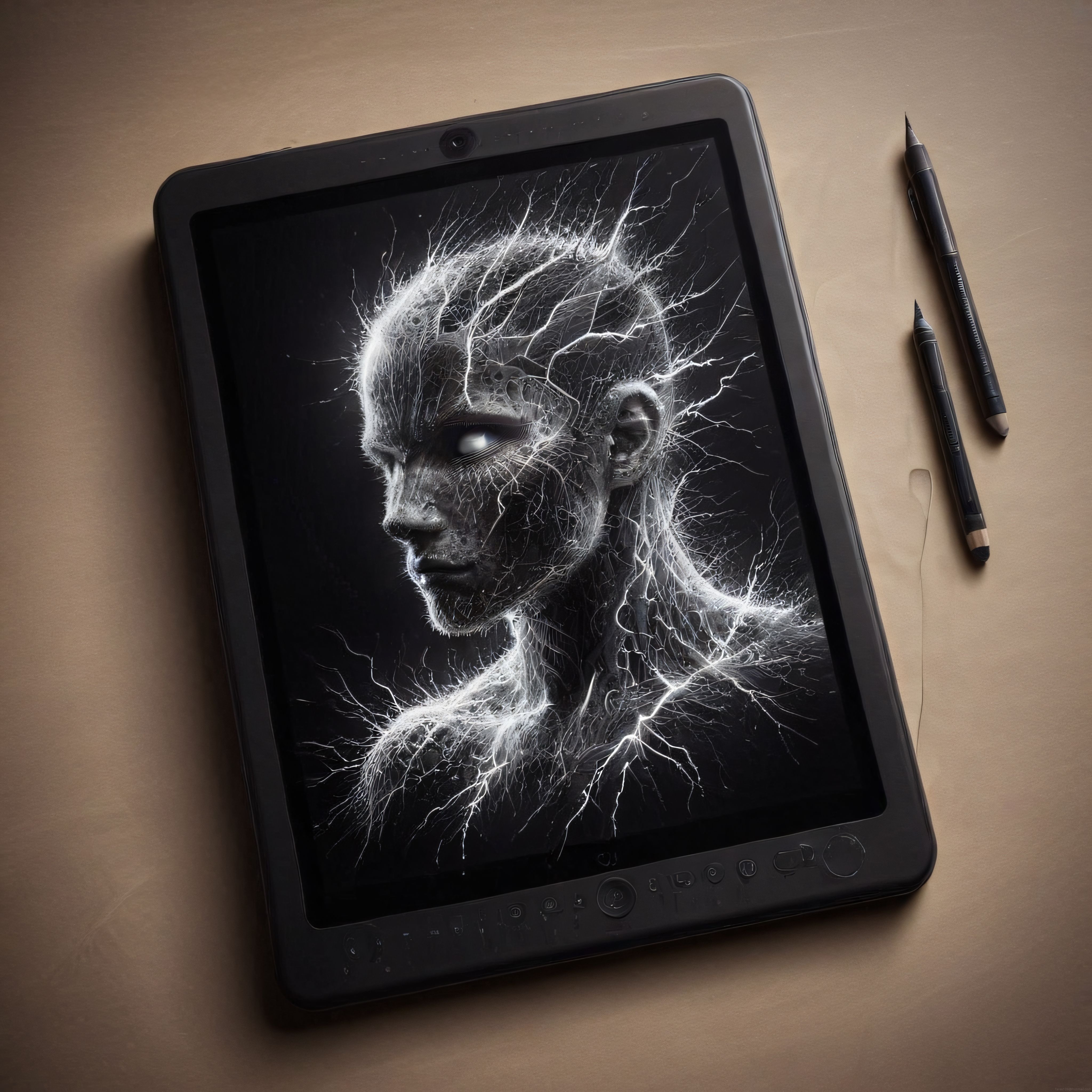 Dijital Sanat Tablet Ekranında Sinir Ağı Desenli Büyüleyici İnsan Portresi