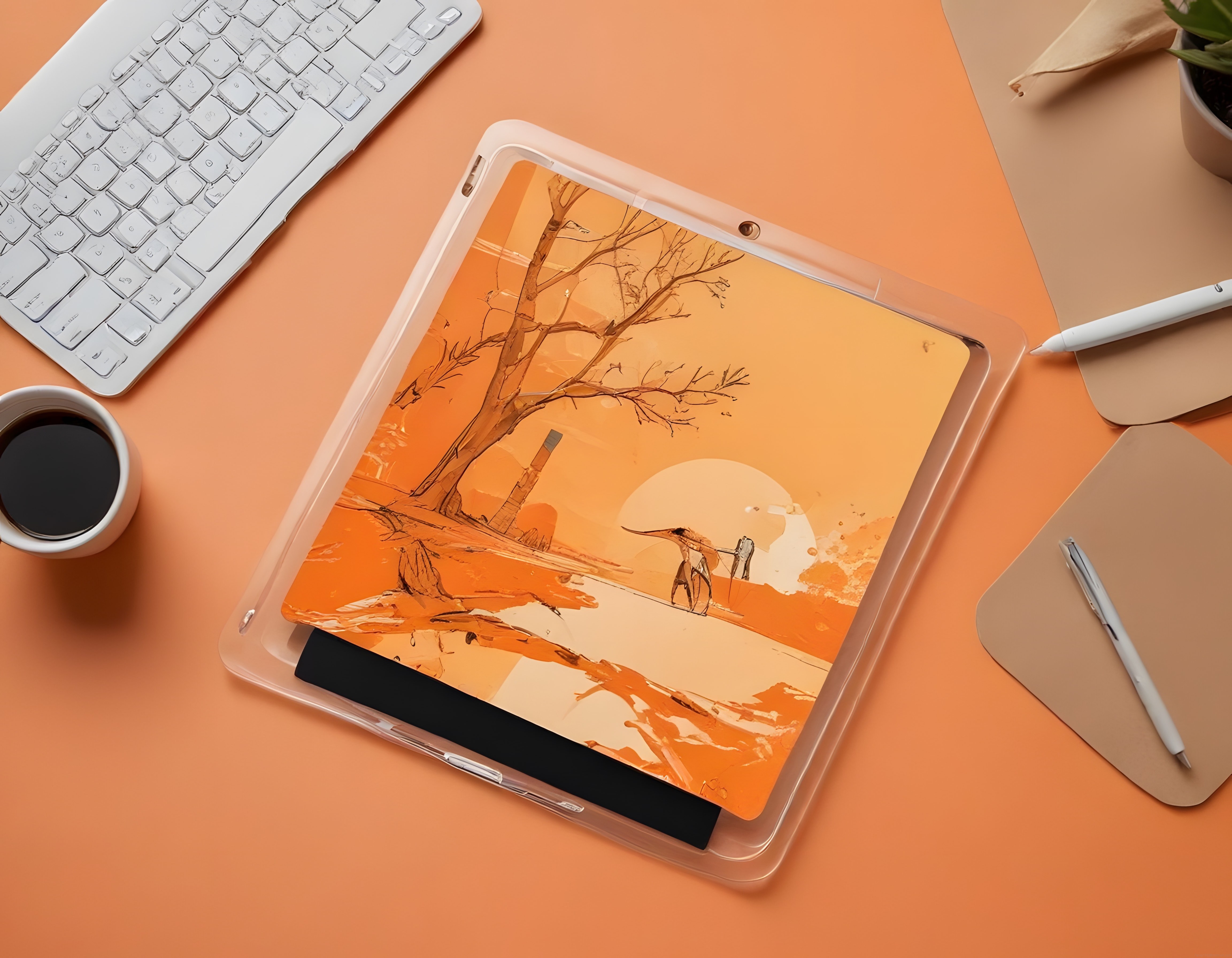 Dijital sanat tabletinde suluboya manzara illüstrasyonu ve minimalist yaratıcı çalışma alanı