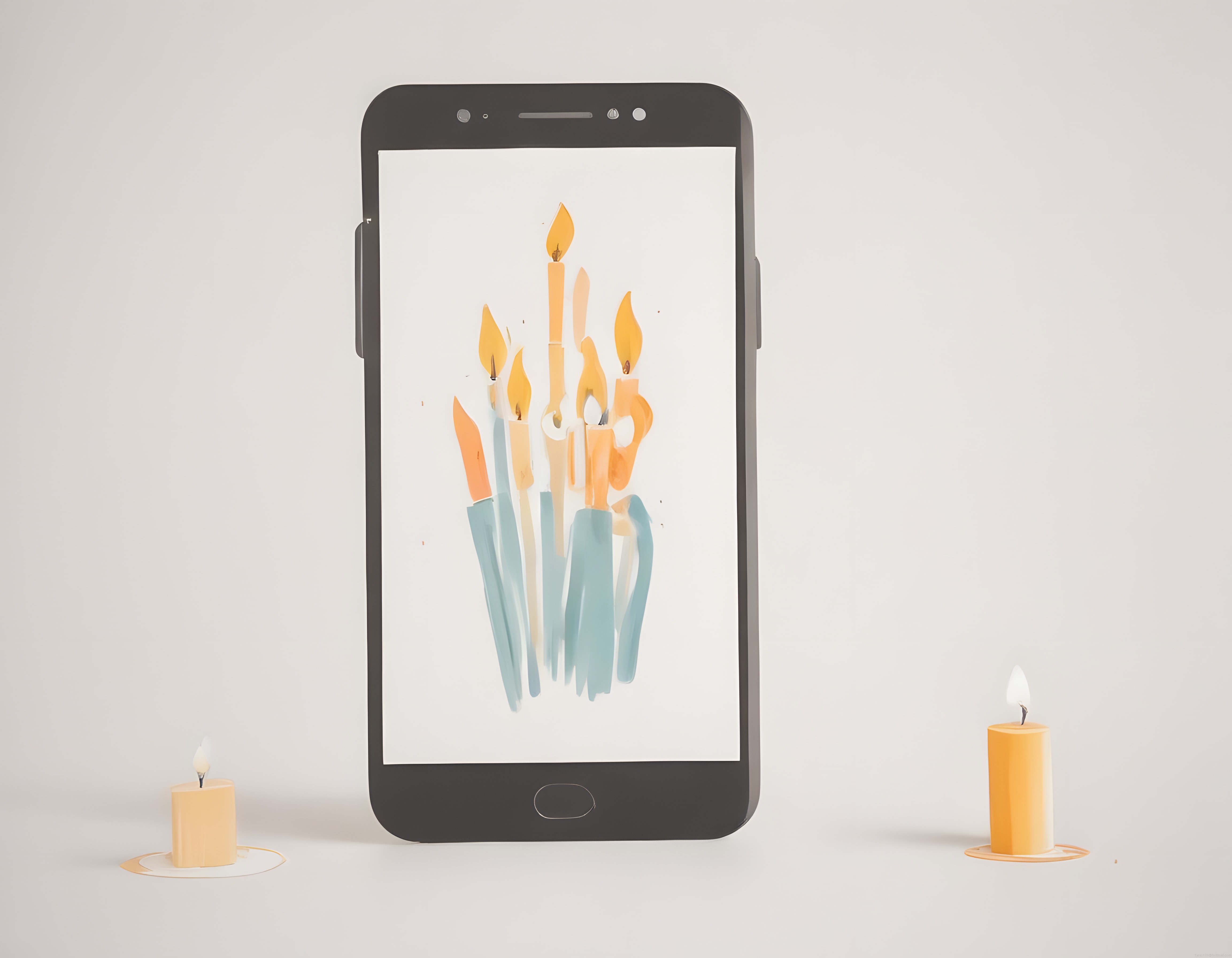 Dijital sanat ve gerçekliğin buluştuğu minimalist mum kompozisyonu telefon ekranında