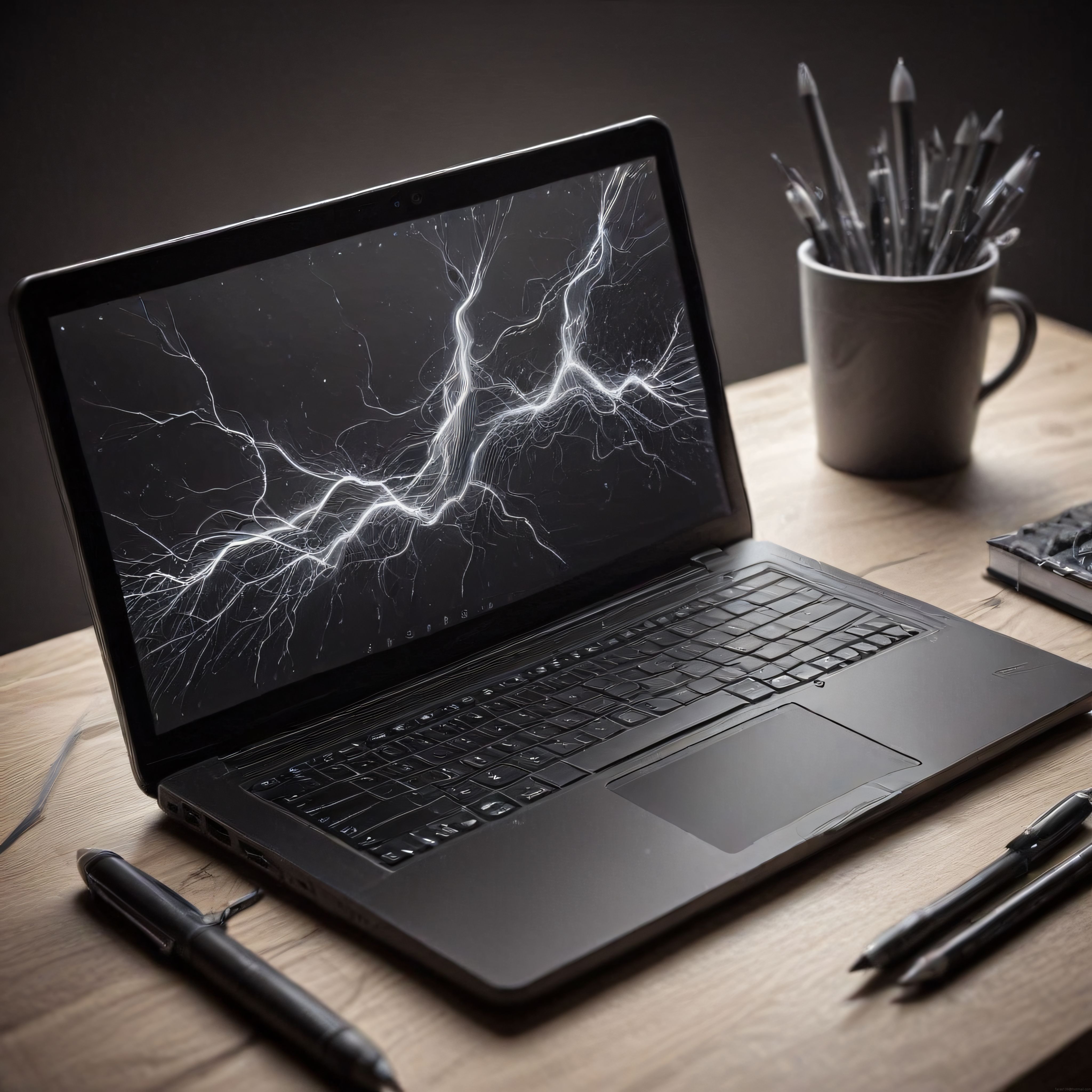 dijital sanatın karanlık yüzü: soyut sinir ağı desenli laptop ve çizim araçları