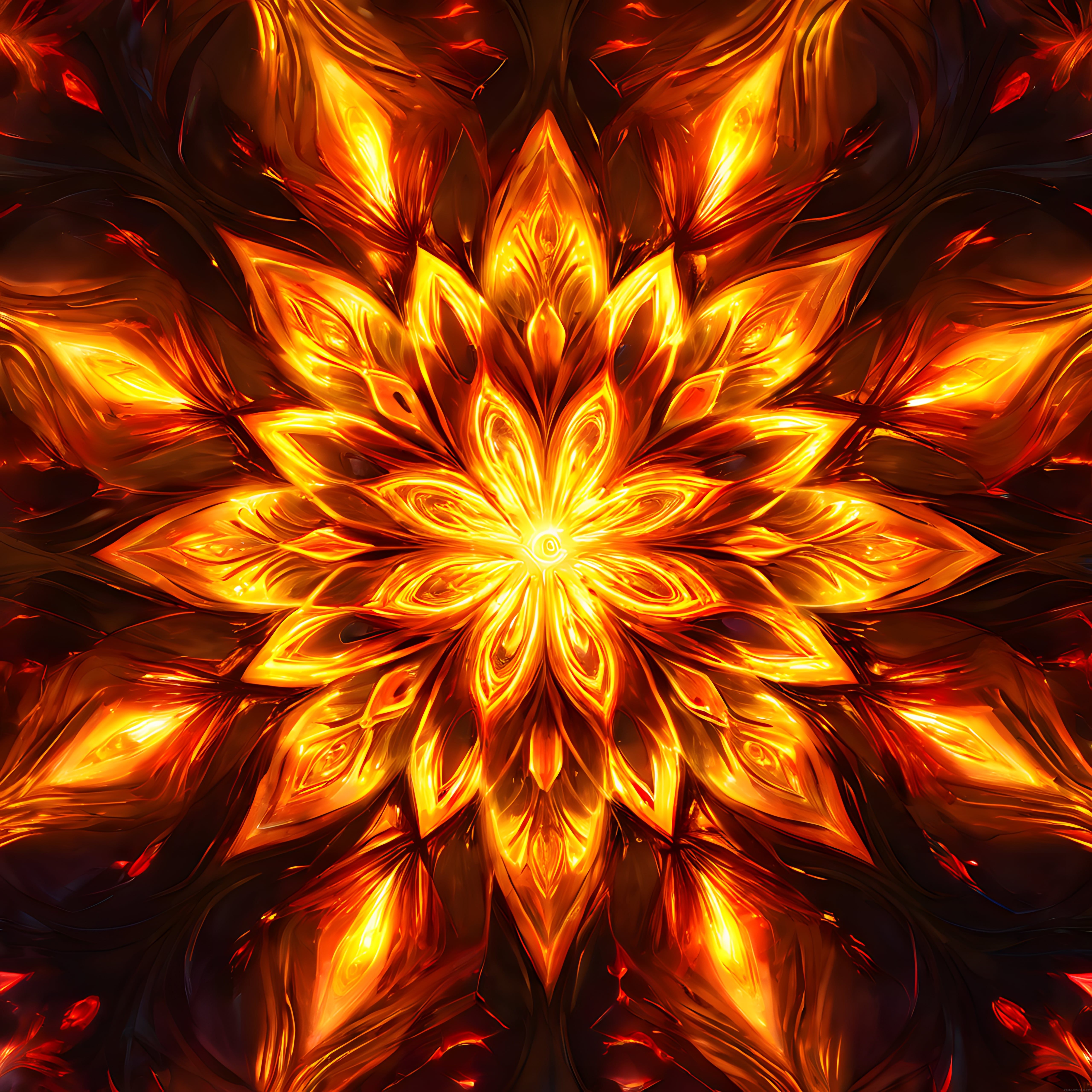 Dijital Sanatta Alevlerle Bezeli Simetrik Lotus Mandala Deseni