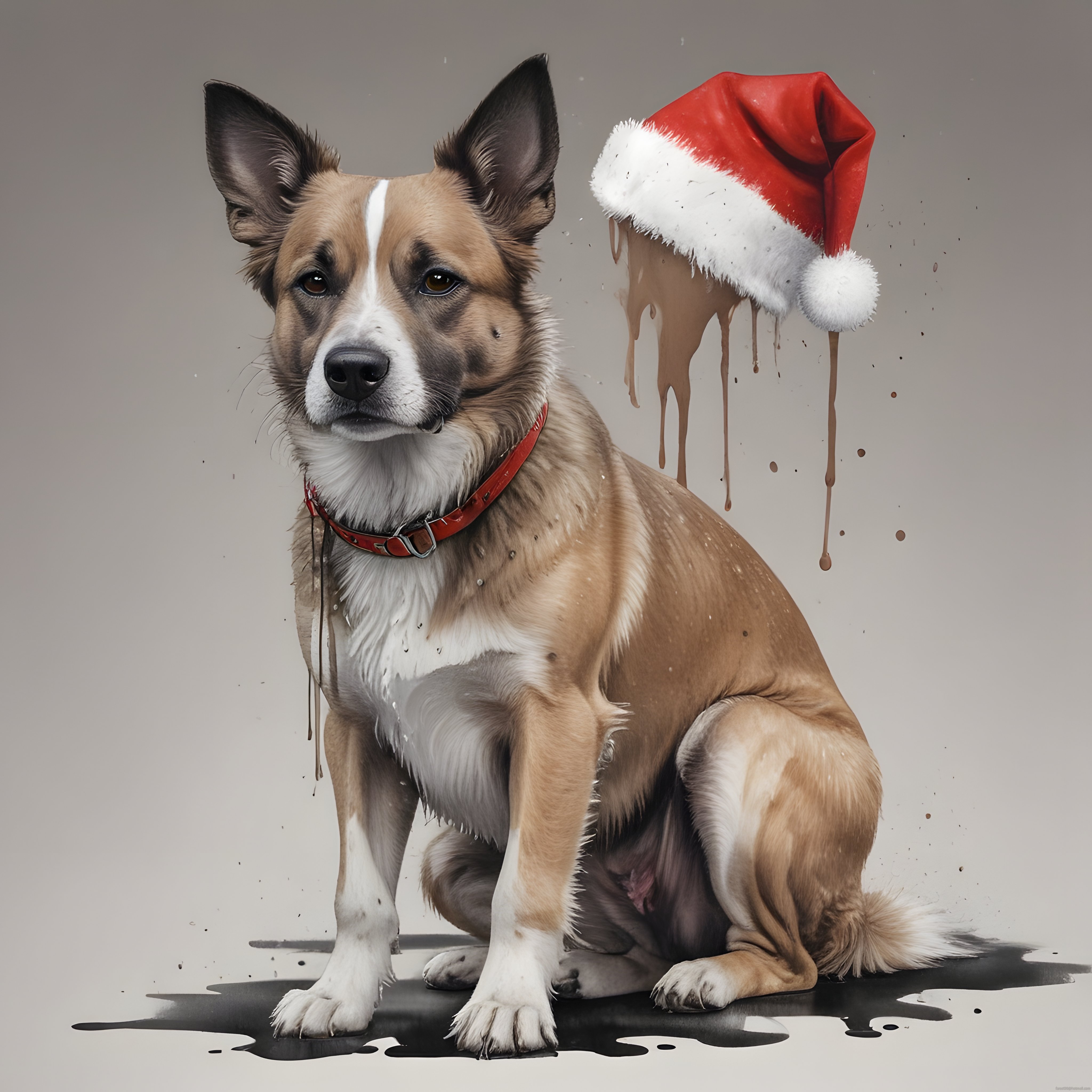 Dijital sanatta boya damlaları içinde oturan köpek ve kırmızı Noel şapkası