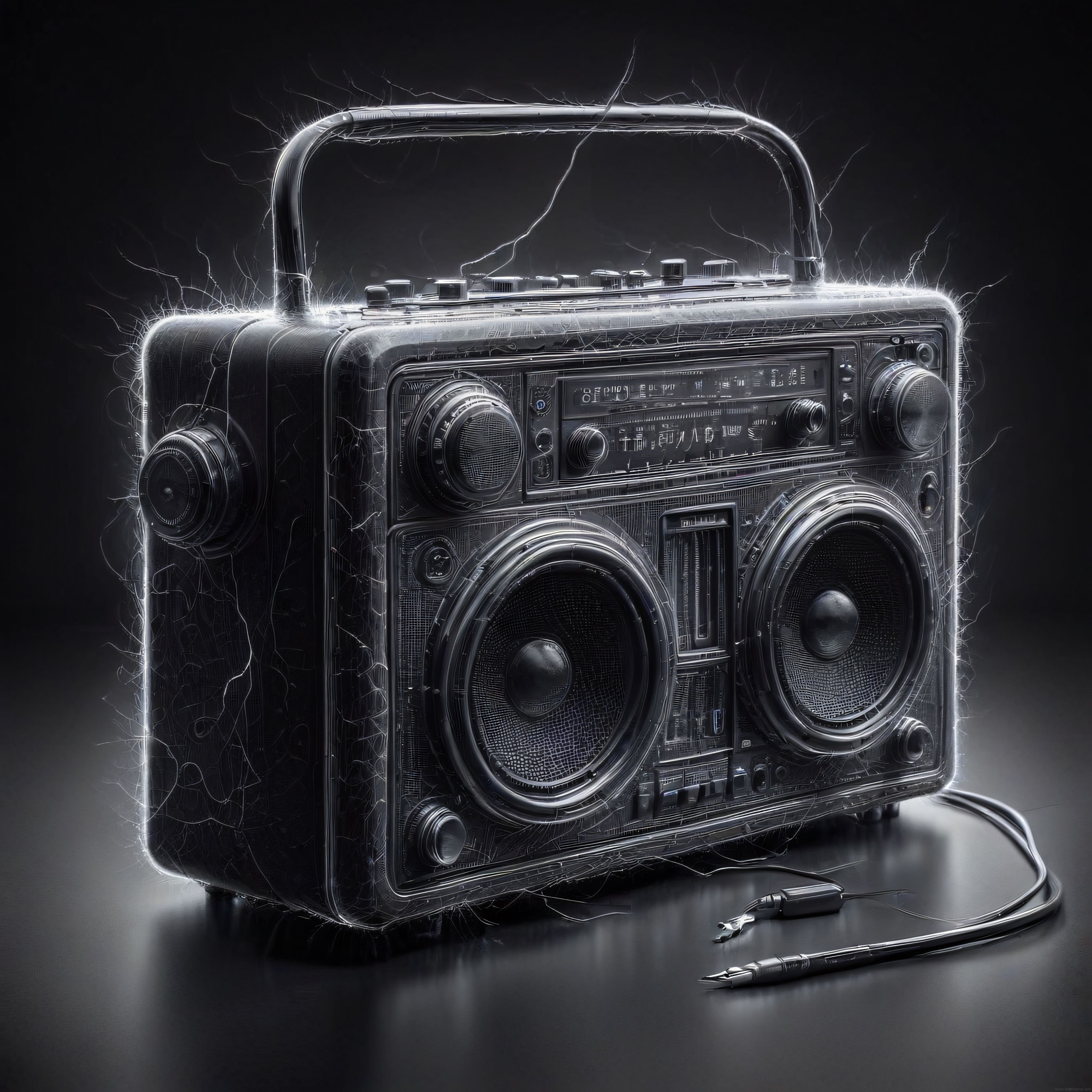 Dijital Sanatta Elektrikli Neon Çizgilerle Süslenmiş Vintage Boombox Kasetçalar