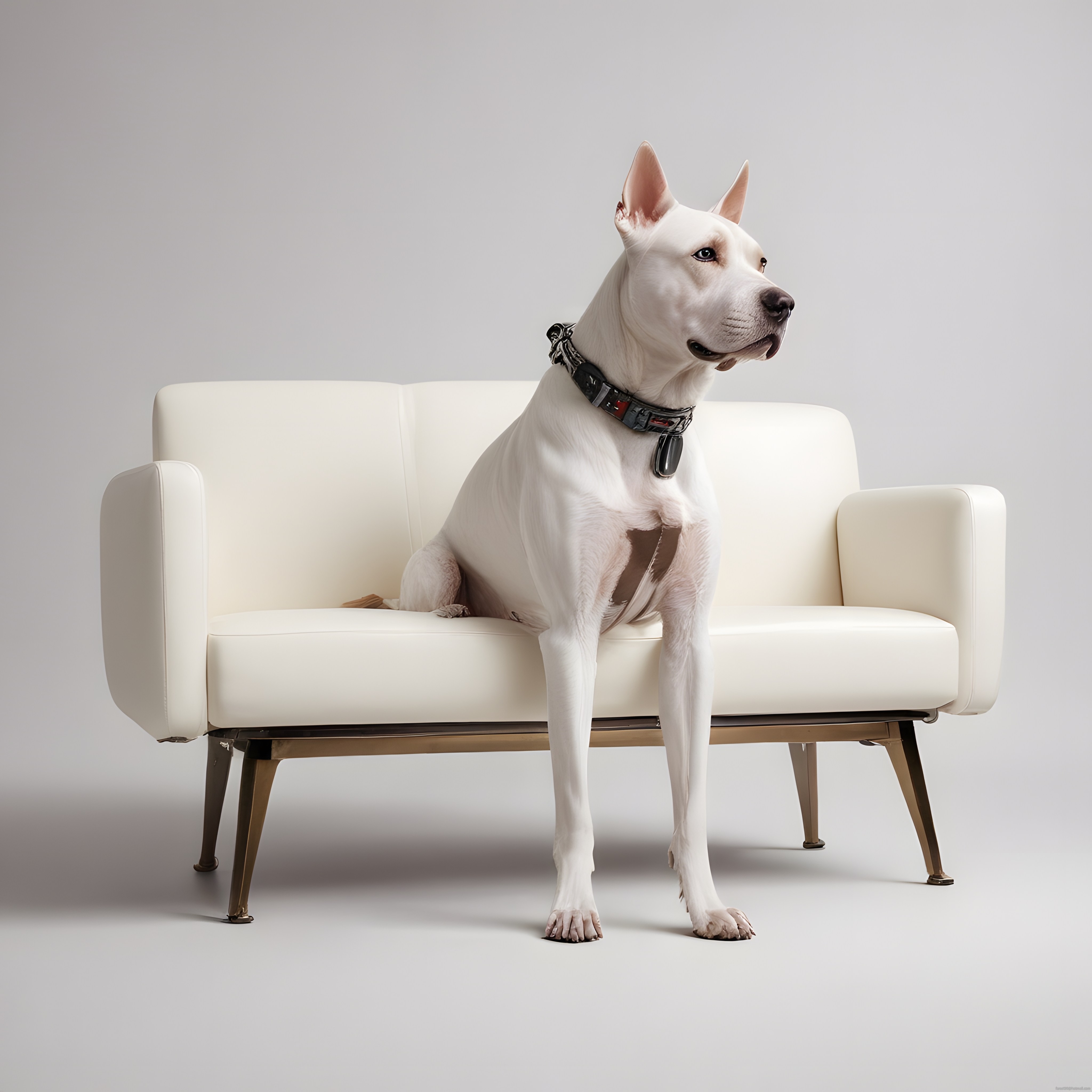 Dik Kulaklı Beyaz Dogo Argentino Krem Kanepe Üzerinde Stüdyo Fotoğrafı
