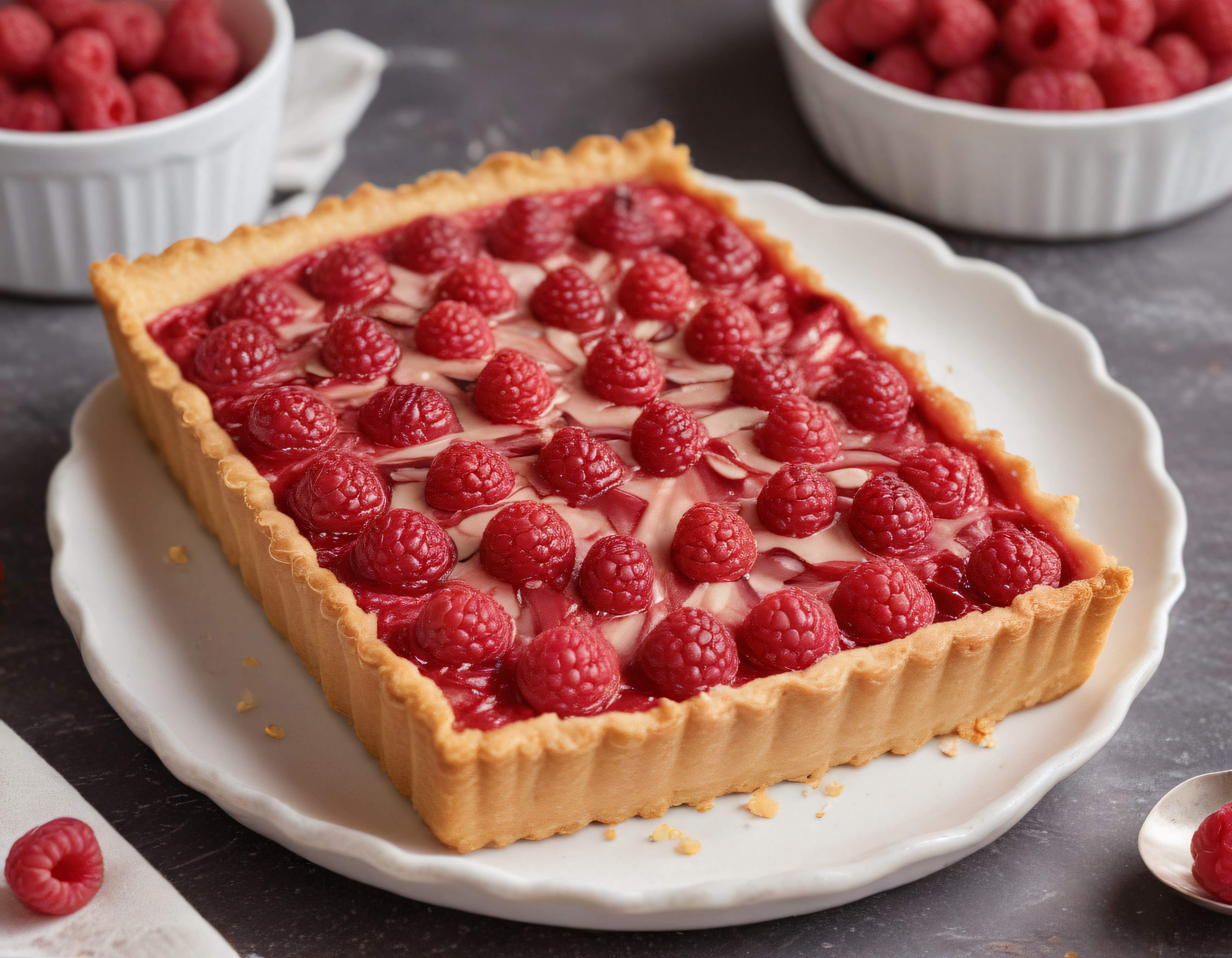 Dikdörtgen porselen tabakta taze ahududulu bademli tart tatlısı sunumu