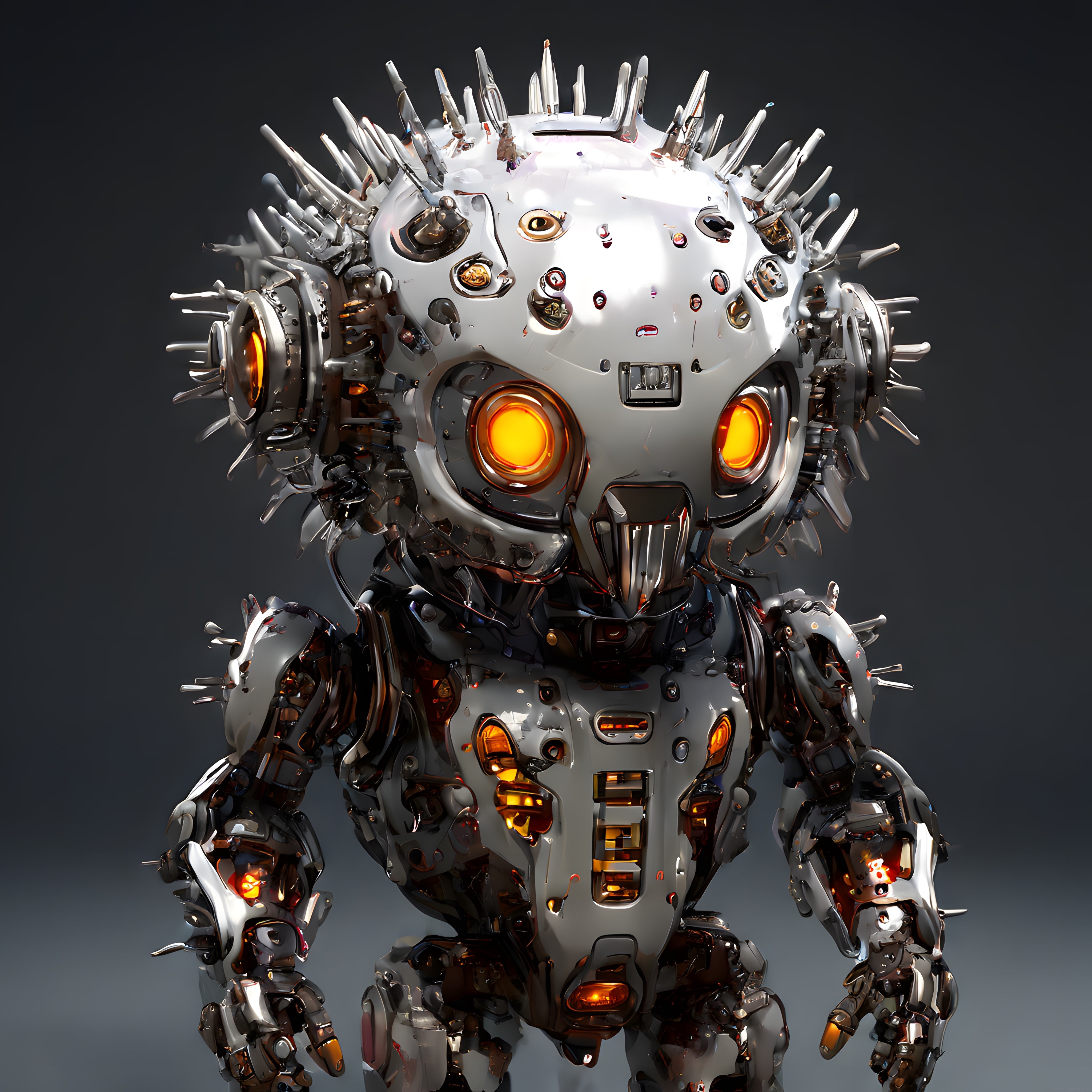 Dikenli Metalik Robot Varlık: Cyberpunk Tasarım ve Parlak Turuncu Gözler